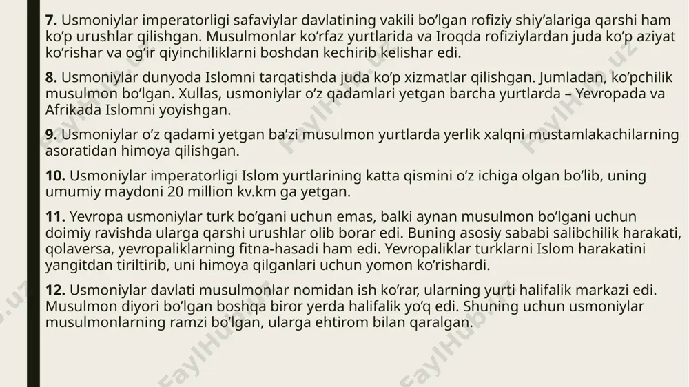 an rum yerlariga hijrat qilib ketadi, so’ng shom va iroqqa o’tadi. qaytib kelayotganida esa furot daryosiga g’arq bo’ladi. qabila shu tariqa tarqalib ketadi. qolganlarning bir qismi asl vataniga qaytadi. erto’g’rul ibn sulaymon boshchiligidagi bir guruh kishilar esa onado’lining shimoliga yo’l olishadi. 400 nafar turkman oilasi u bilan birga edi. ular mintaqaga yetib borib, saljuqiy sulton alouddin kiqbodning hukmi ostida yashay boshlashadi. erto’g’rul uning vizantiyaga qarshi ba’zi g’azotlarida yordam beradi. shu bois alouddin kiqbod uni mukofotlab, rum yurtlari chegarasida joylashgan eski shahar degan bir mintaqani in’om qiladi, keyinroq esa uni erkin qo’yib, o’z sarhadlarini vizantiya hisobidan kengaytirishga ham izn beradi. erto’g’rul hijriy 687 (milodiy 1288) yilda vafot etadi. uning o’rniga o’g’li usmon qoladi. usmoniylar davlatining nomi ana shu usmonga nisbat beriladi. u mazkur davlatning asoschisi, usmoniy podshohlarning birinchisidir. erto’g’rul ibn sulaymon ( milodiy 1299-1326) usmon g’ozi ( milodiy 1258-1326) usmoniylar xalifaligining kuch-quvvatli davri ushbu asrda 2 ta xalifa podshohlik qildi. 1. …