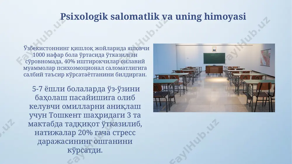 ng rivojlanishi фарғона водийсида ўтказилган тестлар натижаларига кўра, 5-6 ёшли болаларнинг 35% ида мусиқага бўлган истеъдодлар аниқланган бўлиб, бу эрта ёшда мусиқа таълимининг аҳамиятини тасдиқлайди. тошкент шаҳридаги тадқиқотлар кўрсатишича, 8-9 ёшдаги болаларнинг 70% ижодий ёзув ва расм чизиш қобилиятларини юқори даражада намойиш этишади, бу эса уларнинг эстетик тафаккурларининг ривожланганидан далолат беради. xotira va e'tiborning rivojlanishi 6-7 ёшдаги болаларда эътиборнинг барқарорлиги 15-20 дақиқагача етади, бу эса мактабдаги дарсларга тайёргарлик кўришда муҳим аҳамиятга эга бўлиб, тошкентдаги тадқиқотлар буни тасдиқлайди. мактаб ёшидаги болаларда хотиранинг ривожланишида визуал-фазовий хотиранинг роли ошиб боради, 8 ёшдаги болалар 10 та расмни эсда сақлашда яхши натижалар кўрсатиши мумкин, бу эса хоразм вилоятида ўтказилган экспериментларда аниқланган. ijtimoiy-emotsional rivojlanish 6-7 ёшдаги болаларда ўзгалар билан муносабатларда ҳамкорлик ва рақобатнинг мувозанати кузатилади, бу эса кўпинча ўзбекистоннинг қишлоқ жойларидаги боғчаларда ўйнаш жараёнида яққол намоён бўлади. 8-9 ёшгача бўлган болаларда ўз-ўзини баҳолаш ва ўз-ўзига ишонч сезими шакллана бошлайди, бу эса таълим жараёнида, хусусан, 20 дан …