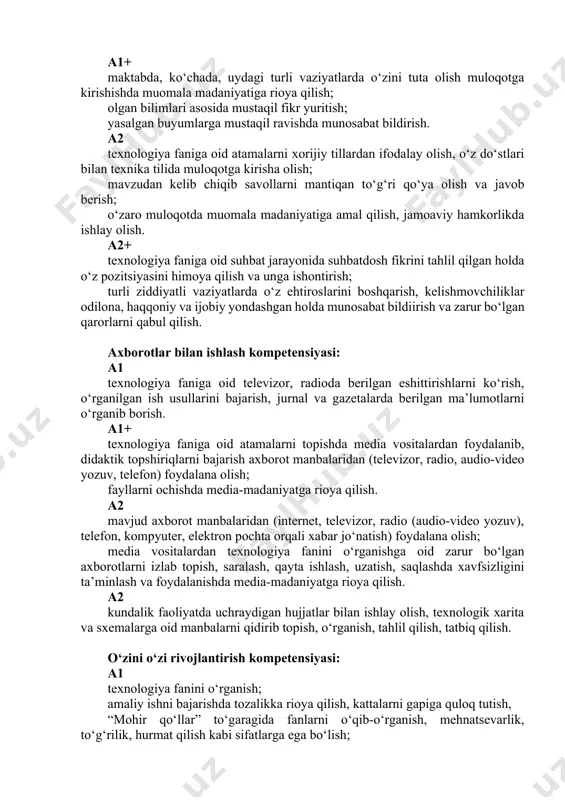 r berish hamda savollarga javob berish; muloqotda muomala odobiga rioya qilish, suhbatdoshining fikrini tinglay olish, o‘z fikrini tushuntira bilish. a1+ maktabda, ko‘chada, uydagi turli vaziyatlarda o‘zini tuta olish muloqotga kirishishda muomala madaniyatiga rioya qilish; olgan bilimlari asosida mustaqil fikr yuritish; yasalgan buyumlarga mustaqil ravishda munosabat bildirish. a2 texnologiya faniga oid atamalarni xorijiy tillardan ifodalay olish, o‘z do‘stlari bilan texnika tilida muloqotga kirisha olish; mavzudan kelib chiqib savollarni mantiqan to‘g‘ri qo‘ya olish va javob berish; o‘zaro muloqotda muomala madaniyatiga amal qilish, jamoaviy hamkorlikda ishlay olish. a2+ texnologiya faniga oid suhbat jarayonida suhbatdosh fikrini tahlil qilgan holda o‘z pozitsiyasini himoya qilish va unga ishontirish; turli ziddiyatli vaziyatlarda o‘z ehtiroslarini boshqarish, kelishmovchiliklar odilona, haqqoniy va ijobiy yondashgan holda munosabat bildiirish va zarur bo‘lgan qarorlarni qabul qilish. axborotlar bilan ishlash kompetensiyasi: a1 texnologiya faniga oid televizor, radioda berilgan eshittirishlarni ko‘rish, o‘rganilgan ish usullarini bajarish, jurnal va gazetalarda berilgan ma’lumotlarni o‘rganib borish. a1+ texnologiya faniga …