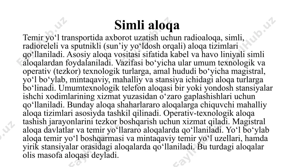yetkazish uchun telegraf aloqalaridan ham foydalaniladi. radioaloqa radioaloqaning simli aloqadan asosiy afzalligi, uning yordamida harakatda bo‘lgan ishchi va xizmatchilar (poyezd tuzuvchilar, lokomotiv mashinistlari, harakatlanuvchi tarkib nazoratchilari, qurilish tashkilotlari ishchilari, yo‘l, elektr kontakt tarmoqlari va smb qurilmalarini ta’mirlash brigadalari, yo‘lovchi poyezdlariga xizmat ko‘rsatuvchi va boshqa xodimlar) bilan muntazam aloqa o‘rnatish imkoniyatlarining mavjudligidir. asosan poyezd, stansiya ichidagi va operativ-ta’mirlash radioaloqalari ishlatiladi. uzluksiz ikki tomonli poyezd radioaloqasi poyezd dispetcherining dispetcherlik uchastkasi hududida harakatda bo‘lgan lokomotiv mashinistlari bilan; peregondagi mashinistni eng yaqin stansiya navbatchisi, hamda qarama-qarshi kelayotgan poyezd mashinistlarining o‘zaro aloqalari uchun xizmat qiladi. poyezd radioaloqasi radioli va simli aloqalar birlashmasidan tashkil topadi. stansiya ichidagi radioaloqa manevr va saralash tepaliklari bilan o‘rnatiladi. uning yordamida dispetcherning (stansiya navbatchisi, poyezd tuzuvchilar) stansiya hududida, katta stansiyalarda esa alohida manevr ishlari nohiyasida manevr lokomotivlari mashinistlari bilan muntazam ikki tomonlama radioaloqalari o‘rnatiladi. saralash tepaligi radioaloqasi tepalik navbatchisining lokomotiv mashinistlari bilan aloqasini ta’minlaydi. radioreleli aloqa liniyalari ultraqisqa to‘lqinli diapazonlarda ko‘p …