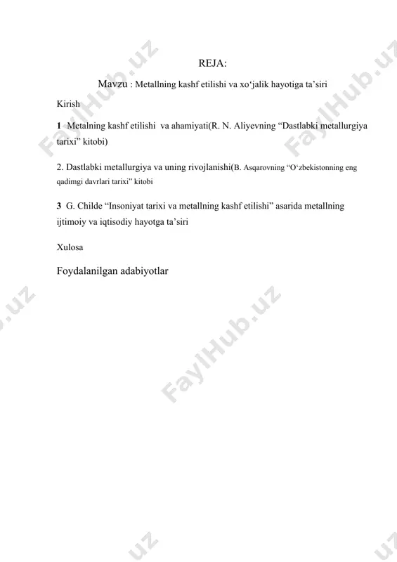 keladi. bu davrda insonlar misni eritib, undan turli qurollar va asbob-uskunalar yasashni oʻrganganlar. keyinchalik, bronza (mis va qalay qotishmasi) va temirning kashf etilishi texnologik taraqqiyotga katta turtki berdi. metallning kashf etilishi xoʻjalik hayotiga sezilarli taʼsir koʻrsatdi. metall qurollar va asboblarning paydo boʻlishi qishloq xoʻjaligi ishlarini yengillashtirdi, yerlarni samarali ishlash imkonini berdi. shuningdek, metall qurollar harbiy sohada ham ustunlik yaratdi, bu esa jamiyatlarning ijtimoiy tuzilmasiga taʼsir koʻrsatdi. oʻzbekistonda metallurgiya sanoati rivojlanishi natijasida yirik korxonalar, jumladan, "oʻzbekiston metallurgiya kombinati" tashkil etildi. bu kombinat qora metallurgiya mahsulotlarini ishlab chiqarib, mamlakat iqtisodiyotida muhim oʻrin tutadi. metallning kashf etilishi va undan foydalanish insoniyatning texnologik, iqtisodiy va ijtimoiy rivojlanishida muhim ahamiyat kasb etgan. bu jarayonlar jamiyatlarning taraqqiyotiga katta hissa qoʻshgan va bugungi kunda ham metallurgiya sanoati iqtisodiyotning asosiy tarmoqlaridan biri hisoblanadi. metallurgiya (yunoncha "metallurgeo" — yerdan qazib chiqaraman) — rudalardan yoki tarkibida metall boʻlgan moddalardan metallar ajratib olish va metall qotishmalarga tegishli xossalar berish haqidagi fan; …