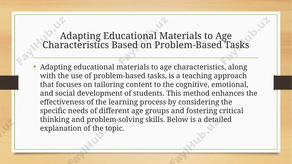ssignment that requires students to solve a specific problem, which can involve critical thinking and analysis. these tasks encourage students to work independently and develop their problem-solving skills. the key features of problem-based tasks are: interactivity: students must engage actively with the task. this involvement keeps them interested in the learning process. personalized approach: tasks should be tailored to the abilities of each student, allowing them to solve problems at their own pace and according to their strengths. interest generation: problem-based tasks should spark curiosity and encourage students to learn by exploring solutions. creativity and innovation: problem-based tasks encourage students to think creatively and come up with innovative solutions. types of problem-based tasks problem-based tasks can take many forms: mathematical and logical problems: these tasks help students develop logical thinking skills. for example, simple arithmetic problems, systematic solutions, and identification of patterns. social issues: tasks that help students solve social …