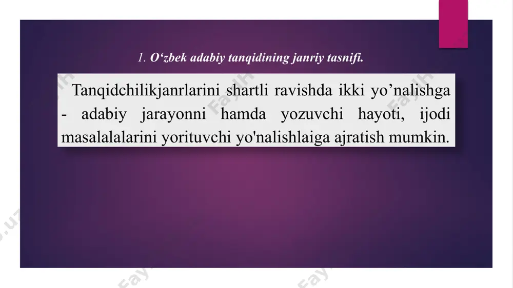 chilik qiladi. maktub-taqrizda maktubga va taqrizga xos xususiyatlar o`zaro sintezlashadi. og'zaki taqriz — baho va bayonning og'zaki tarzda ifodaianishi btlan xarakterianadi. e’tibor uchun tashakkur! image1.jpeg /docprops/thumbnail.jpeg