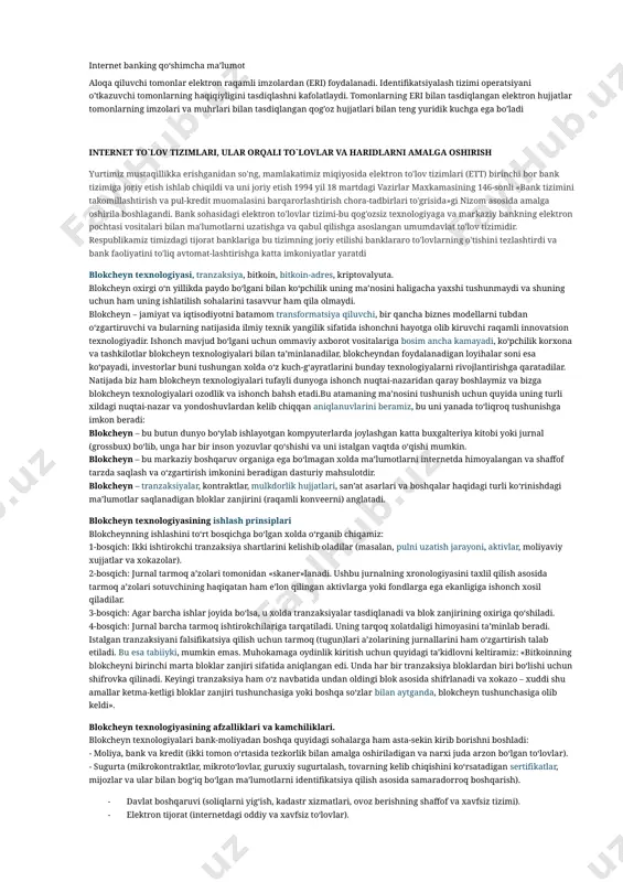 to‘laqonli yoki havola ko‘rinishida ham joriy etishlari lozim; o‘zbekiston respublikasi raqamli texnologiyalar vazirligi davlat axborot tizimlarini yaratish va qo‘llab-quvvatlash bo‘yicha yagona integrator “uzinfocom” mchj (keyingi o‘rinlarda — “uzinfocom” yagona integrator) yagona portalda elektron davlat xizmatlarini joriy etish va texnik qo‘llab-quvvatlash bo‘yicha yagona integrator hisoblanadi; elektron raqamli imzo — elektron hujjatdagi mazkur elektron hujjat axborotini elektron raqamli imzoning yopiq kalitidan foydalangan holda maxsus oʻzgartirish natijasida hosil qilingan hamda elektron raqamli imzoning ochiq kaliti yordamida elektron hujjatdagi axborotda xatolik yoʻqligini aniqlash va elektron raqamli imzo yopiq kalitining egasini identifikatsiya qilish imkoniyatini beradigan imzo. (qonun)qonunda talab etilgan shartlarga rioya etilgan taqdirda elektron raqamli imzo qogʻoz hujjatga shaxsan qoʻyilgan imzo bilan bir xil ahamiyatga egadir. elektron maʼlumotlarni kriptografik oʻzgartirish natijasida hosil qilingan belgilar ketma-ketligi. elektron raqamli imzo maʼlumotlar blokiga qoʻshib qoʻyiladi va blokni qabul qiluvchiga, manbani va maʼlumotlarning butunligini tekshirish hamda soxtalashtirishdan muhofazalanish imkonini beradi. hozirgi kunga kelib, ayrim mamlakatlar qonunchilik yoʻli bilan raqamli …