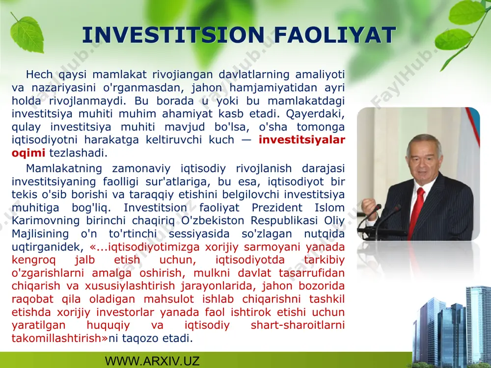 darajasini oshirish uchun zamonaviy iqtisod fani tomonidan ishlab chiqilgan bir qator muhim uslubiy qoidalarni hisobga olish zarur. ular quyidagilarni ko'zda tutadi: 1. barcha turdagi investitsiyalar uchun ma'lum investitsiya muhiti zarur. amalda kapital (sanoat, savdo, qarz, aksionerlik) investitsiya kabi turlicha bo'ladi, investorlar esa, ustma-ust tushmaydigan maqsadlarni ko'zlaydi. qarz kapitali qisqa vaqt ichida maksimum foyda olishga qaratilgan bo'lib, moliyaviy investitsiyalar orqali, sanoat kapitali uzoq muddat davomida korxona faoliyatiga barqaror ta'sir o'tkazishga intilib, real, bevosita investitsiya orqali harakat qiladi. 2. investitsion faoliyat manfaatlar muvozanatiga asoslangan bo'lishi kerak, chunki investitsiyalarni qabul qiluvchi ham, yetkazib beruvchi ham turlicha maqsadlarni ko'zlaydi: ularning birinchisi minimum mablag'lar asosida maksimum maqsadlarni ko'zlasa, ikkinchisi - maksimum foyda olish va mahalliy bozorlarni mumkin qadar tezroq egallashga intiladi. www.arxiv.uz www.arxiv.uz * investitsion faoliyat 3. investitsion faoliyat, bir tomondan, uzoq vaqt barqaror, ikkinchi tomondan, yetarli darajada uddaburon tadbirkor, mamlakatda shakllanayotgan ijtimoiy ishlab chiqarish omillariga (ilmiy-texnikaviy, tadbirkorlik, boshqaruv, texnologik) nisbatan yuz berayotgan o'zgarishlarni hisobga …