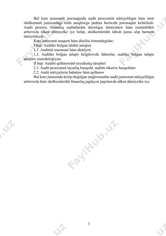 úlken áhmiyetke ie. bul kurs jumısınıń juwmaǵında audit procesiniń nátiyjeliligin hám onıń shólkemniń jumısındaǵı rolin anıqlawǵa járdem beriwshi juwmaqlar keltiriledi. audit procesi, finanslıq esabatlardıń durıslıǵın támiyinlew hám isenimlilikti arttırıwda úlken áhmiyetke iye bolıp, shólkemlerdiń tabıslı jumıs alıp barıwın támiyinleydi. kurs jumısınıń maqseti hám dúzilisi tómendegishe: i bap: auditke bolgan talabti aniqlaw 1.1. audittiń mazmuni hám áhmiyeti 1.2. auditke bolǵan talaptı belgilewshi faktorlar, auditke bolǵan talaptı anıqlaw metodologiyası ii bap: auditti qollanıwdıń texnikalıq tárepleri 2.1. audit procesiniń tayarlıq basqıshi, auditti ótkeriw basqıshları 2.2. audit nátiyjelerin bahalaw hám qollanıw bul kurs jumısında kórip shıǵılǵan maǵlıwmatlar audit jumısınıń nátiyjeliligin arttırıwda hám shólkemlerdiń finanslıq jaǵdayın jaqsılawda úlken áhmiyetke iye. 1-bap: auditorlikte áhmiyetlilikti anıqlaw 1.1 kórsetiw, áhmietlilikti anıqlaw kriteriyaları auditorliqta áhmiyetlilik - bul audit procesinde auditorlar tárepinen belgilengen hám finanslıq esabatlardıń durıslıǵın bahalawda itibarǵa alınatuģın áhmiyetlilik dárejesi. áhmiyetlilikti anıqlaw audittiń tiykarǵı tárepleri bolıp, auditorlar ushın finanslıq esabatlardıń anıqlıǵın hám isenimliligin támiyinlewde áhmiyetli rol oynaydı. [1;35] …