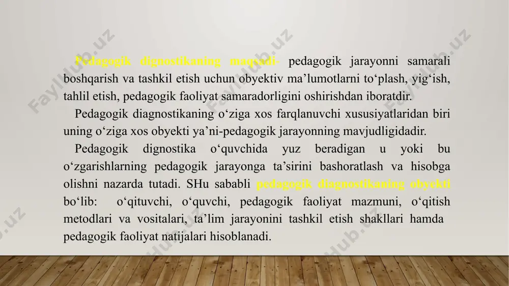 shaxslar, pedagoglar, ota-onalar guruhlarini, shaxslarga ommaviy kommunikatsiya vositalarining (radio, televizor, gazetalar va h.k.) ta’sirini, shaxslarning burch va xuquqlari, ular orasidagi munosabatlarni o‘rganishga yo‘naltirilgandir. pedagogik diagnostikaning kuzatuv metodi. kuzatishni tadqiqotchi biror maqsadni ko‘zda tutib tashkil etadi. kuzatish rejalashtiriladi, uning dasturi tuziladi. bunda kuzatish tezligi, soni, manzili, vaqti, vaziyatni kuzatish, materiallarni qayd qilish muddati belgilanadi. kuzatish muddatiga ko‘ra ikki turga ajraladi: qisqa va uzoq muddatli kuzatish - qisqa kuzatish ob’ektning kundalik faoliyatdagi o‘zgarishlaridan ma’lum xulosaga kelish. uzoq muddatli kuzatish-qo‘yilgan maqsad, reja va dastur asosida olib borilib, ma’lum ilmiy, yakuniy xulosaga kelinadi. kuzatishni yakuniy qayd qilishda kinos’yomka, video yozuvi, televidenie va boshqa texnik vositalardan foydalanish mumkin. kuzatish metodidan to‘g‘ri foydalanish o‘quv-tarbiya jarayonining samaradorligini oshiradi. yangi ijodiy faoliyatga boshlaydi. eksperiment - har qanday diagnostik tadqiqotning amaliy asosidir. pedagogik eksperiment yordamida ilmiy farazlarning ishonchliligi tekshiriladi, pedagogik jarayonlarning ayrim elementlari o‘rtasidagi bog‘liqlik va munosabatlari aniqlanadi. pedagogik eksperiment ikki turga bo‘linadi: qayd qiluvchi va shakllantiruvchi. qayd qiluvchi …
