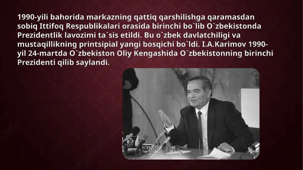 y, konstitutsiyaviy asoslarini yaratish. hozirgi kunda mamlakatimizda 2300 jamoat birlashmalari va nodavlat tashkilotlari faoliyat ko’rsatmoqda. ulardan eng kattalari — o`zbekiston yoshlarining kamolot jamoatchilik harakati, o`zbekiston nuroniy jamg`armasi va boshqalardir.o`zbekiston respublikasi 120 dan ortiq millatlar va elatlarni birlashtirgan ko’p millatli davlat. respublikada yashovchi har bir fuqaro millati, kelib chiqishi, dini va irqidan qat`i nazar teng huquq va imkoniyatlarga ega. aynan mana shu tamoyil milliy siyosatimizning asosini tashkil etadi. respublikada 80 ta milliy madaniy markazlar tashkil etilgan. bularning faoliyatini 1993-yilning yanvaridan buyon madaniy markaz boshqarib boradi. respublikamizda millatlararo munosabatlarda barqarorlikka erishilgan. bu o`zbekistonda demokratik jamiyat qurishning garovidir. e’tiboringgiz uchun tashakkur…!!!. media1.mp3 image2.jpeg image3.png image4.jpeg image5.jpeg image6.jpeg image7.png image8.jpeg image9.jpeg image10.jpeg image11.jpeg image12.jpeg image13.png image14.jpeg image15.jpeg image16.jpeg image17.jpeg ayami maaak🦋 ayami maaak🦋 @nurimsankuu?? nur 306.59515 /docprops/thumbnail.jpeg
