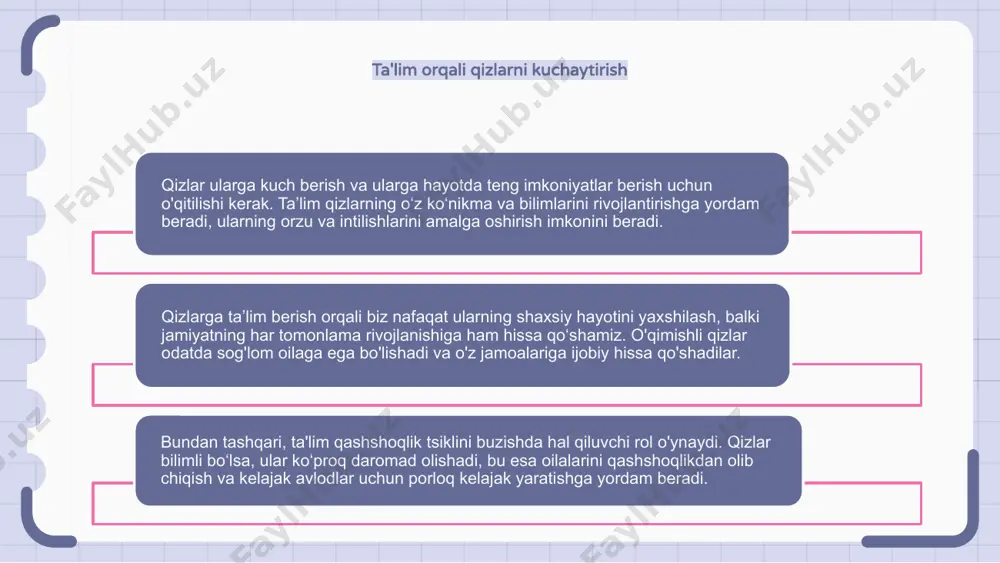 oshishiga va qashshoqlikning kamayishiga olib keladi. qizlar ta'limi orqali jamiyatlarni o'zgartirish qizlarning ta'lim olishi jamiyatlarni o'zgartirish uchun muhim ahamiyatga ega, chunki bu qizlarga o'zgarishlar agenti bo'lish imkoniyatini beradi. qizlar ta'lim olishsa, ular qashshoqlik tsiklini buzish va iqtisodiy o'sishga hissa qo'shish ehtimoli ko'proq. o‘qimishli qizlar ham kechroq turmushga chiqadilar, kichikroq oilalarga ega bo‘ladilar va kelajak avlodlar uchun yaxshi sog‘liqni saqlash va ta’lim beradilar. qizlarni porloq kelajak sari tarbiyalash qizlar ta'lim olishlari kerak, chunki ta'lim ularga ongli qarorlar qabul qilish va mustaqil bo'lish imkoniyatini beradi. qizlarga ta’lim berish orqali biz qashshoqlikdan xalos bo‘lishimiz va ularning hayot sifatini yaxshilashimiz mumkin. qolaversa, o'qimishli qizlar o'z jamoalariga hissa qo'shishlari va ijtimoiy va iqtisodiy rivojlanishga hissa qo'shishlari mumkin. qizlar tarbiyasi rivojlanish vositasi sifatida qizlarning ta'lim olishi rivojlanish uchun juda muhim, chunki bu ularga yaxshiroq imkoniyatlar va qarorlar qabul qilish imkoniyatini beradi. qizlar ta'lim olishsa, ular o'z oilalari, jamiyatlari va jamiyatlariga ijobiy hissa qo'shish ehtimoli ko'proq. qizlar …