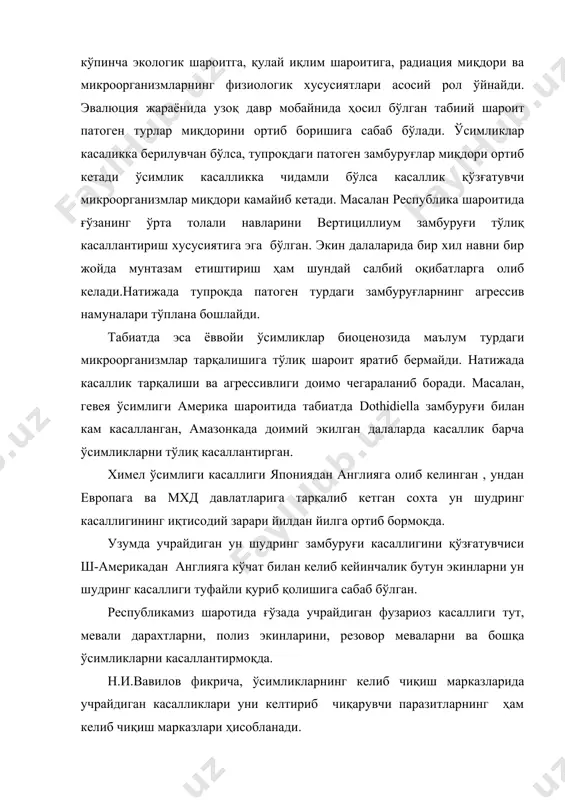 мексикада ёввойи картошка билан касаллик қўзғàòóâ÷è ïàразитлар орасида табиий мувозанат ташкил топган, шунинг учун бу навлардан селекция ишида фойдаланиш мақсадга мувофиқдир. ўсимликлардаги бундай хусусиятларни ўрганиш асосида республикамизда мева навларини яратишда ёввойи навларни маданий навлар билан чатиштирилиб янги навлари ҳосил қилинди. табиатда учрайдиган микроорганизмлар биотипларида агрессивлик ва вирулентлик хусусияти билан кескин фарқ қиладиган турлар мавжуд. турли турдаги ўсимликларни чатиштириш жараёнида она ўсимлик хусусиятлари янги навга ўтиш имконига эга бўлади. масалан, буғдой ва сули чатиштирилганда агрессив турнинг хусусияти чидамли навда устунлик қилса, вирулентлик хусусияти унда пассивликни келтириб чиқаради. вирулентлик хусусияти замбуруғнинг мослаша билиш хусусиятига сабаб бўлади. у қанча миқдорда навни касаллантиришни билиш хусусиятини намоён қилади. бу хусусият замбуруғ гени - ядро элементи билан боғлиқ бўлиб, ўсимлик чидамлилиги ва патоген верулентлигига боғлиқ ҳисобланади. ҳар қандай ўсимликнинг касалликка чидамлилик даражаси касаллик қўзгатувчи замбуруғларнинг верулентлик даражасига узвий боғлиқдир. бу боғлиқлик асосида ўсимликнинг касалланиш жараёни содир бўлади. 1962 йил америка фитопатологи флор ген-генга гипотизасини олға сурган. …
