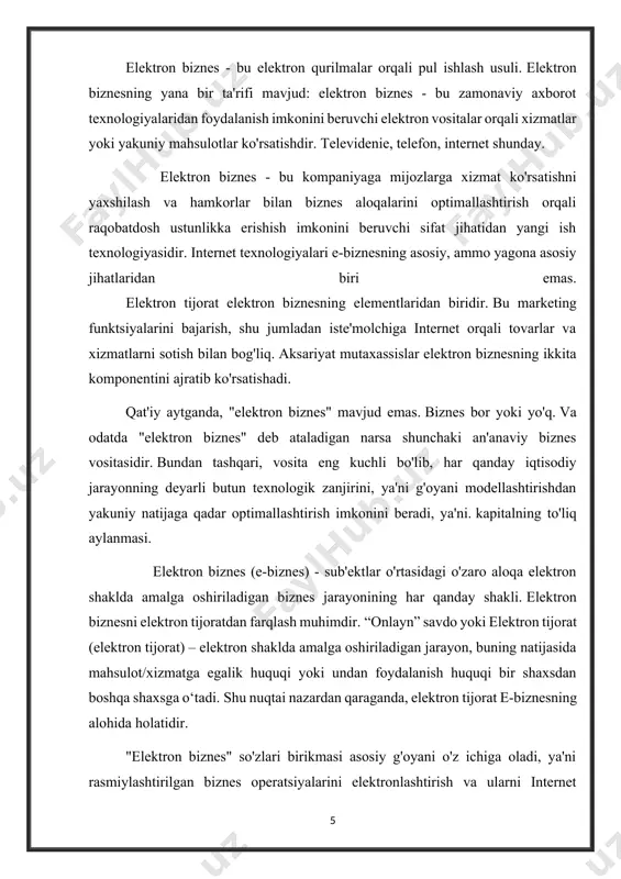nlaydigan tizim. biznes yechimi portal, katalog, elektron do'kon va boshqalar shaklida amalga oshirilishi mumkin. elektron biznesning ajralmas qismi elektron tijorat (elektron tijorat) - elektron vositalar orqali sotish/xaridlarni amalga oshirishdir. amaldagi biznes modeliga qarab, b2b (kompaniyalar o'rtasidagi biznes aloqalari), b2c (kompaniya va oxirgi foydalanuvchi o'rtasidagi o'zaro munosabatlar), shuningdek, b2g (tijorat tuzilmalari va davlat organlari o'rtasidagi munosabatlar) mavjud. elektron biznes tizimi nima? to'liq ishlaydigan elektron biznes tizimi - bu turli xil tabiatga ega bo'lgan keng ko'lamli komponentlarni o'z ichiga olgan murakkab integratsiyalashgan majmua. elektron biznes tizimi odatda quyidagilarni o'z ichiga oladi: - axborot almashinuvi quyi tizimlari (masalan, elektron pochta, tezkor uzatish ilovalari; xabarlar va boshqalar); - elektron hujjat aylanishining quyi tizimlari; - kompaniya resurslarini (moddiy, moliyaviy, insoniy) boshqarish uchun quyi tizimlar; - global ma'lumotlarni qidirish, to'plash va bilim almashishning quyi tizimlari; - kompaniyaning boshqa quyi tizimlari bilan integratsiyalashgan korporativ veb-vakilliklari; - savdo va xaridlarni tashkil etish uchun elektron tijorat (elektron tijorat) quyi …
