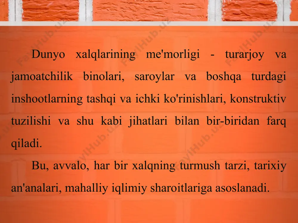 «samarqand», aleksey isupovning «shohizinda», baxtiyor boboyevning «sharqona manzara» asarlarining reproduksiyalari va o'zbekistonning qadimiy shaharlariga bag'ishlangan albomlarni jamoa bo'lib ko'ring va ulami o'zaro muhokama qiling. ayniqsa, ortiqali qozoqovning "ichan qal'a" nomli kartinasida sharq me'morligi mahorat bilan tasvirlangan. sharq me'morligiga oid reproduksiyalarni tahlil qilish sizga bo'lajak kompozitsiyangiz uchun mavzu topishga yordam beradi. olgan taassurotlaringiz asosida sharqona me'moriy ko'rinishning sizga manzur bo'lgan variantlarining eskizlarini ishlab olgach, ular asosida yakuniy kompozitsiya tuzing va uni akvarel bo'yog'ida yoki rangli pastelda bajaring. 46-rasm. ortiqali qozoqov. ichan qal'a * o'lkamiz qadimiy me'morlik yodgorliklariga juda boy. siz toshkent, buxoro, samarqand, xiva, qo'qon, shahrisabz, qarshi kabi shaharlarda qadimiy me'morlik ansambliari mavjudligini bilasiz. ular orasida toshkent va buxoro shahridagi ko'kaldosh madrasalari, samarqand shahridagi registon (ulug'bek, tillakori va sherdor madrasalari) me'moriy ansambli, shahrisabzdagi oqsaroy, qo'qondagi xudoyorxon o'rdasi jahonga mashhurdir. * ularning ayrimlarini, xususan, samarqand shahridagi bibixonim masjidining yaratilishi tarixiga oid rivoyatlar ham mavjud. siz ularni borib ko'rgansiz yoki suratlarini tomosha qilgansiz. …
