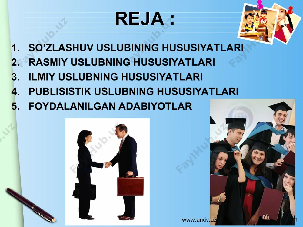 do’ndiqcha, shirin; - ritorik so’roq gaplar, so’roq mazmunini ifodalaydigan darak gaplar www.arxiv.uz www.arxiv.uz www.themegallery.com his hayajon gaplar - fe’llarning turli shakllarga kirib o’zgarishi: pishirib edi – pishiruvdi, chaqirib edi – chaqiruvdi - -jon, -hon, -hur, - tilla, -bacha kabi affiksoidlar bilan yasalgan subyektiv baho bildiruvchi otlar: poraho’r, suzmahon, itvachcha, pashshaho’rda, tirrancha, ofatijon www.arxiv.uz www.arxiv.uz www.themegallery.com rasmiy uslubning hususiyatlari ishlatilmaydi - qisqa, aniq, lo’nda - jumlalarning inversiyasiz bo’lishi - ayrim hujjatlar shtampga o’hshash mahsus tartib va shakl bilan yoziladi - asosan kitobiy va neytral so’zlardan iborat bo’lishi - uslub bo’yog’iga ega bo’lgan so’z va turg’un birikmalarning o’z ichiga olishi: yuqorida ko’rsatilganlar, qabul qilib oluvchi, mazkur - professional terminologiyaning mavjudligi: akt, hal qiluv qarori, qidirish, muxtor elchi, bayonet, xalqaro visit www.arxiv.uz www.arxiv.uz www.themegallery.com - fikrlar mantiqiy jihatdan aniq bir ma’noli, fikrlar faqat tushunchalarni ifodalaydi - ifodalar muhokama, munozara va xulosalar shaklida bo’lib, qat’iy mantiqiy izchillikka asoslangan bo’ladi - analiz va sintez bir-biridan …