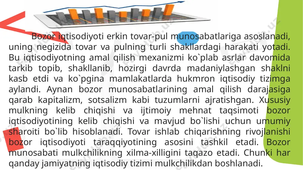 r bir iqtisodiyot subʼyekti bozor qoidasiga koʻra ishlab topgan daromadini oladi, davlat daromadlarning taqsimlanishiga kamdankam aralashadi, lekin daromadlarni shakllantirishda bozor tamoyillariga rioya etilishini, bozor mexanizmining belgilangan tartibda faoliyat koʻrsatishini taʼminlaydi. ijtimoiy bozor xujaligi modeli germaniya, shvetsiya va boshqa mamlakatlarda mavjud. fusce condimentum urna ligula, in delar viverra neque eleifend vitae. donec sed . subtitle here korporativ iqtisodiyot modeli — korporativ manfaatlar va korporativ hamjihatlikka asoslangan bozor iqtisodiyoti boʻlib, ilgʻor texnologiya, yetuk ish kuchidan foydalanib mehnat unumdorligi va aholi jon boshiga mahsulot ishlab chiqarishni koʻpaytiradi. asosiy eʼtibor korporativ guruhiy manfaatlarga qaratiladi, iqtisodiyot korporatsiyalar orqali boshqariladi. korporatsiyalar aksiyador jamiyatlar tarzidagi turli sanoat, savdo, transport, qurilish sohasidagi birlashmalarga aylanadi, ularning baʼzilari hatto transmilliy korporatsiyalar darajasigacha oʻsib, xalqaro ahamiyat kasb etadi. korporatsiyalar ishlab chiqarishning asosiy sohalarini qamrab oladi, ularning xorijiy shoxobchalari ham koʻpayib boradi. xususiy mulkning korporativ shakli ustuvorlik qiladi. korporativ iqtisodiyot modelida korporatsiya manfaatlari birinchi oʻringa qoʻyiladi, individual manfaatlarga faqat korporatsiya doirasida erishiladi …