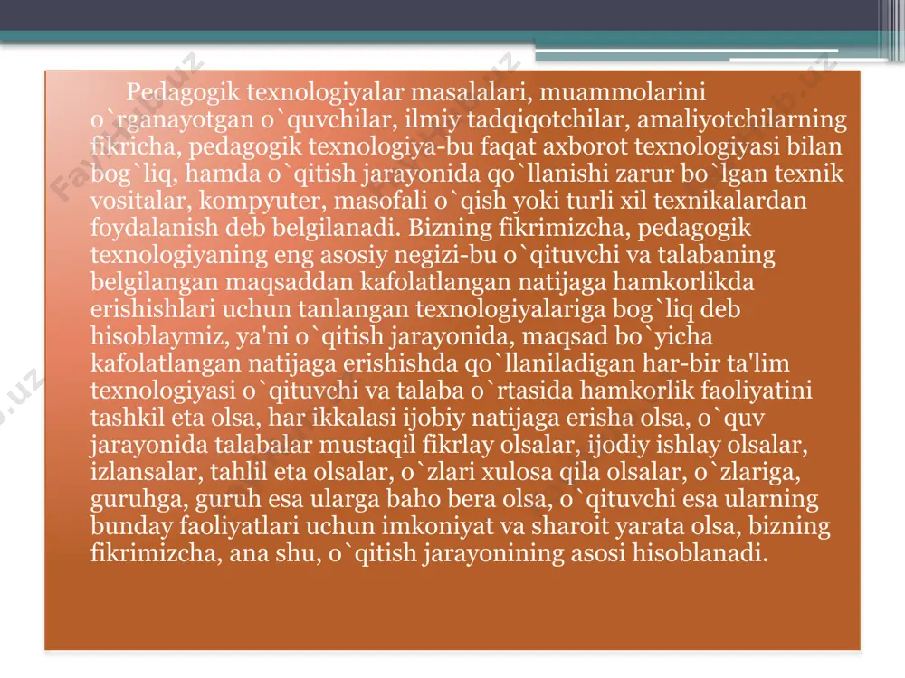 ; 3. talabalarning fikr-g`oyalari (magnitofonga, vidеotasmaga, rangli qog`ozlarga yoki doskaga) to`planadi; 4. fikr-g`oyalar ma'lum bеlgilar bo`yicha guruhlanadi; 5. yuqorida qo`yilgan savolga aniq va to`g`ri javob tanlab olinadi. «aqliy hujum» mеtodini qo`llashdagi asosiy qoidalar: a) bildirilgan fikr-g`oyalar muhokama qilinmaydi va baholanmaydi. b) bildirilgan har qanday fikr-g`oyalar, ular hatto to`g`ri bo`lmasa ham inobatga olinadi. v) bildirilgan fikr-g`oyalarni to`ldirish va yanada kеngaytirish mumkin. muammoli o`qitish tеxnologiyasi muammoli o`qitish amеrikalik filosof, psixolog va pеdagog dj.dionning nazariy qoidalariga asoslanadi va xx asrning 20-30 yillarida tarqala boshladi. bugungi kunda, muammoli o`qitish dеganda mashg`ulotlarda pеdagog tomonidan yaratiladigan muammoli vaziyatlar va ularni еchishga qaratilgan talabalarning faol mustaqil faoliyati tushuniladi. buning natijasida talabalar kasbiy bilim, ko`nikma va malakalarga ega bo`ladilar hamda fikrlash qobiliyatlari rivojlanadi. muammoli o`qitish, o`qitishning eng samarali usulidir. pеdagog muammoli vaziyat yaratadi, talabani uni еchishga yo`naltiradi, еchimni izlashni tashkil etadi. muammoli o`qitishni boshqarish, pеdagogik mahoratni talab etadi, chunki muammoli vaziyatning paydo bo`lishi-individual holat bo`lib, tabaqalashtirilgan va individuallashtirilgan …