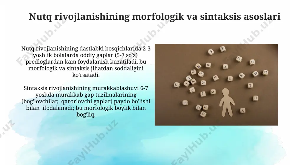 nishini ko'rsatadi. semantik rolga ega bo'lgan fe'llar (masalan, "ber", "ol", "qo'y") bolaning 3 yoshida faol qo'llanilishi, uning predmetlararo munosabatlarni tushunish darajasini va semantik tushunchasini aks ettiradi. e'tiboringiz uchun rahmat @taqdimot_robot image2.jpg image3.jpg image4.jpg image5.jpg image6.jpg image7.jpg image8.jpg image9.jpg image10.jpg image1.png
