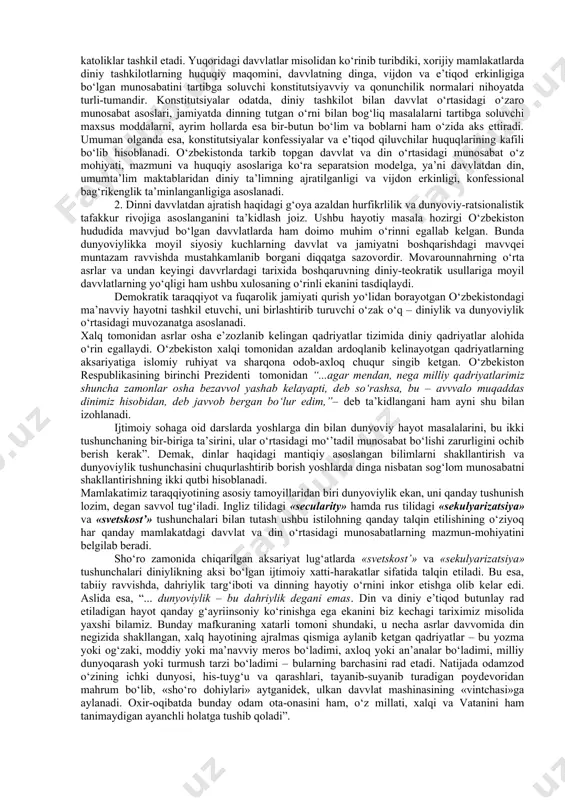 1979 yili 23 dekabrda tasdiqlangan eron islom respublikasining konstitutsiyasida aytilishicha, «eronda 12 ta imomlarning mavvjudligini nazarda tutuvchi ja’fariya mazhabi rasmiy din sifatida e’tirof etiladi hamda bu qoida abadiy o‘zgarmas bo‘lib qoladi» (12-modda). «barcha fuqarolik, moliyavviy, iqtisodiy, ma’muriy, madaniy, harbiy, siyosiy va boshqa qonun-qoidalar islom normalari asosida belgilanishi lozim» (4-moddа). qirol bir vaqtning o‘zida hukumat rahbari, oliy bosh qo‘mondon va diniy rahbar sifatida namoyon bo‘ladigan, mutlaq teokratik monarxiyaga saudiya arbistonini misol qilib keltirsa bo‘ladi. bu mamlakat konstitutsiyada qur’oni karim va payg‘ambar alayhis-salom sunnatlari har qanday normadan ustun ekani e’tirof etilgan. saudiya arabistonida mahalliy aholi to‘liq islom diniga e’tiqod qiladi. shuningdek, makka va madina shaharlariga islomdan boshqa dinga e’tiqod qiluvchi shaxsning kirishi taqiqlanadi. qirollikda sud hokimiyati asosan shariat sudlari tomonidan qur’on ko‘rsatmalariga amal qilgan holda amalga oshiriladi. isroilda esa yahudiylik davvlat dini bo‘lib, bu mamlakatda din davvlat mexanizmining bir qismi sifatida o‘z aksini topgan. mamlakatda yagona konstitutsiya mavvjud bo‘lmay, uning o‘rniga knesset …