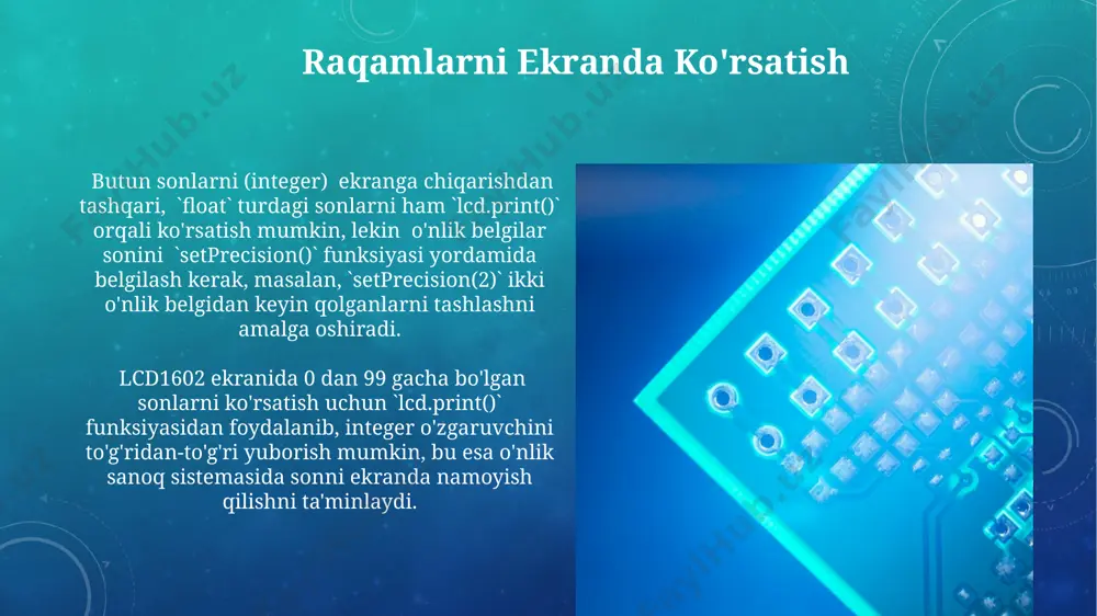 16 ta belgi sig'adi. maxsus belgilarni (cgram) yaratish orqali 8x5 piksel o'lchamdagi 8 ta noyob belgini yaratish va lcd1602 da namoyish qilish mumkin, bu esa interfeysni boyitadi. e'tiboringiz uchun rahmat @taqdimot_robot image3.png image4.jpg image5.jpg image6.jpg image7.jpg image8.jpg image9.jpg image10.jpg image11.jpg image12.jpg
