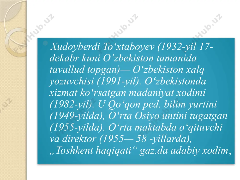 riga tarjima qilingan. hamza nomidagi oʻzbekiston davlat mukofoti laureatini qo’lga kiritgan (1989-yilda). hozirda uning asarlari bolalarning sevimli kitoblaridan biri bo’lib qolmoqda. siz ham aziz bolajonlar xudoyberdi to’xtaboyev kitoblarini o’qib ko’ring. e’tiboringiz uchun rahmat! image2.png image3.png image4.png /docprops/thumbnail.jpeg