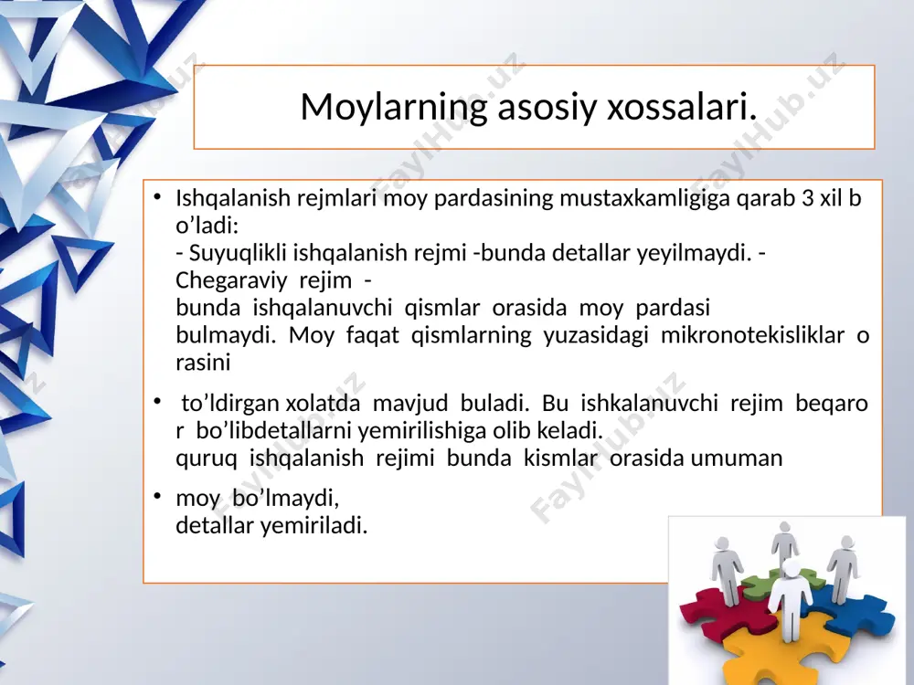 alar qo’shilmagan moy tarkibida mexanik aralashmalar bo’lmasligi kerak, prisadkali moylar tarkibida esa, massasi bo’yicha 0,15% dan oshmasligi lozim. chunki mexanik aralashmalar ishqalanib ishlovchi qismlar sirtiga abraziv ta’sir ko’rsatmasligi kerak. motor moyi tarkibida suv bo’lmasligi zarur. tarkibida juda oz miqdorda suv bo’lganda ham mayda-mayda ko’pik va èmulsiya paydo bo’ladi va bu qismlar sirtida moy pardasinining mustaxkamligini yomonlashtiradi. qo’shilmalar (prisadkalar). bular moylar sifatini yaxshilash uchun qo’shiladigan maxsus moddalardir. moyning qandaydir bitta xususiyatini yaxshilaydigan qo’shilmalar bir funktsional, birdaniga bir qancha xususiyatini yaxshilaydiganlari kompleks qo’shilmalar deb ataladi. moyning qovushqoqligini oshiradigan qo’shilmalar. bu qo’shilmalar qovushqoqligi kam bo’lgan moylarga qo’shiladi. bunday qo’shilmalar motor moylarining indeksini oshiradi, ya’ni yuqori haroratlarda moyning qovushqoqligini oshiradi va harorat pasayganda qovushqoqligini kamroq oshirish xususiyatini beradi. iii. xulosa motor moylari, dvigatellarning belgilangan quvvat va tejamkorligini, sifat ko’rsatkichlarini yo’qotmasdan, ishonchli va uzoq vaqt ishlashini ta’minlashiuchun, ular standartlar va texnik shartlarda belgilangan talablarga javob berishi lozim. moy qatlamining mustaxkamligi ishqalanuvchi juftlarning ish sharoitiga (harorat, …
