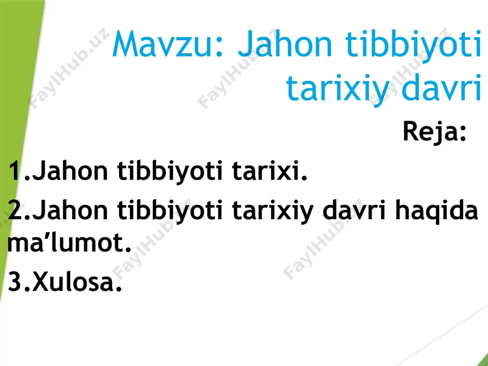 no (avicenna)ning "tib qonunlari" asari tibbiyotda muhim rol o‘ynagan. al-roziy, al-zahroviy, ibn nafis kabi olimlar ham katta hissa qo‘shgan. yevropa: ko‘proq diniy qarashlarga asoslangan tibbiyot hukmron edi, ammo islom olimlari asarlari yevropaga kirib kelgach, u yerda ham ilmiy tibbiyot rivojlana boshladi. 4. uyg‘onish davri (15–17-asrlar) anatomiya bo‘yicha ilmiy izlanishlar kuchaydi (andreas vesalius). tabiiy fanlar asosida tibbiy bilimlar rivojlandi. 5. zamonaviy tibbiyotning shakllanishi (19–20 asrlar) luis paster – mikroblar nazariyasini asoslab berdi. robert koh – vabo, sil, antraks kabi kasalliklarning qo‘zg‘atuvchilarini topdi. antibiotiklar (masalan, penisillin) ishlab chiqildi. jarrohlik, diagnostika, vaksinalar va sanitariya sohalari rivojlandi. 6. xx–xxi asrlar antibiotiklar (masalan, penisillin) va zamonaviy dorilar ishlab chiqildi. diagnostika texnologiyalari (rentgen, mri, ct) rivojlandi. organ ko‘chirib o‘tkazish, genom tahlili, sun’iy a’zolar, robototexnika va telemeditsina paydo bo‘ldi. jahon tibbiyoti tarixi insoniyatning salomatligini saqlash, kasalliklarni davolash va tibbiy bilimlarni rivojlantirish yo'lidagi uzoq va mukammal jarayondir. har bir davrda yangi kashfiyotlar, ilmiy yutuqlar va innovatsiyalar tibbiyotning rivojlanishiga …