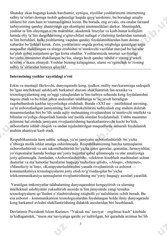 ko‘paytirish ortida yoshlar ongidan oilaning muqaddas dargoh ekanligini o‘chirib tashlash harakati yotibdi. «ommaviy madaniyat» targ‘ibotchilarining g‘ayriinsoniy maqsadlariku tayin: yoshlarning madaniy ongi to‘g‘ri shakllanishiga salbiy ta’sir ko‘rsatib, ularni xudbin qilib voyaga yetkazish. «senga erkinlik beriladi, hattoki ota-onang ham senga xo‘jayin emas, yoshligingda ayshingni surib qol, ko‘ngling tusagan ishni qil», degan safsatalar orqali yoshlarni har qanday dindan va madaniyatdan chalg‘itish va jamiyat oldidagi mas’uliyatini yo‘qqa chiqarish, farzandlik burchlaridan, insoniylikdan begona qilish. muqaddas islom dinini niqob qilib, o‘zlarining jirkanch maqsadlariga erishish yo‘lida internetdan foydalanayotgan noqonuniy oqimlar sonining ko‘payib borishi natijasida yoshlarimiz bilib-bilmay ularga qo‘shilib qolmoqda… bu kabi ma’naviy tahdidlarga oid misollarni yana ko‘plab keltirishimiz mumkin. xavotir asosli! — 49 foiz kompyuter o‘yinlari zo‘ravonlik va yovuzlikni targ‘ib qiladi; — jahon bo‘yicha kompyuterlardan foydalanuvchi 42 foiz bolalar va o‘smirlar pornografik saytlarga qaram bo‘lib qolgan, ularning 8 foizi buni ota-onasidan yashirmaydi; — 38 foiz bola zo‘ravonlik ruhidagi saytlarni, 26 foiz bola millatlararo adovat urug‘ini sochuvchi veb-saytlarni …