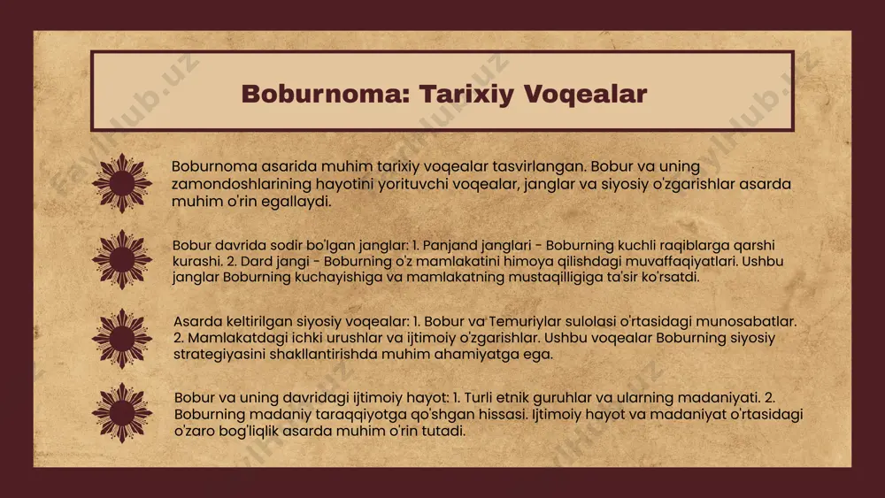 iy faoliyatlariga ijobiy ta'sir ko'rsatgan. boburnoma san'at uchun ilhom manbai bo'lib, ko'plab shoirlar va rassomlarga ta'sir qilgan. asardagi she'riy va tasviriy tasvirlar, madaniy va estetik qadriyatlarni o'z ichiga oladi, bu esa keyingi avlodlar uchun muhim meros bo'lib qolgan. boburnoma: adabiyot va she'riyatga hissa boburnoma asari adabiyotimizda muhim o'rin egallaydi. u nafaqat tarixiy voqealarni, balki boburning shaxsiy tajribalari va his-tuyg'ularini ham o'z ichiga oladi. bu asar o'z davrining ijtimoiy va madaniy hayotini aks ettirib, o'zbek adabiyotining rivojiga katta hissa qo'shgan. boburnoma va adabiyot bobur she'riyatida o'ziga xoslik mavjud. u o'z asarlarida tabiatni, sevgi va insoniy his-tuyg'ularni chuqur tasvirlaydi. shuningdek, boburning she'riyatida xalq urf-odatlari va an'analarini ko'rish mumkin, bu esa uning ijodini yanada qimmatli qiladi. bobur she'riyatining o'ziga xosligi boburnoma adabiy meros sifatida juda ahamiyatli. u nafaqat o'zbek adabiyotiga, balki jahon adabiyotiga ham ta'sir ko'rsatgan. bu asar orqali bobur nafaqat tarixiy shaxs sifatida, balki adabiyotdagi yuksak san'atkor sifatida ham tanilgan. asarning adabiy …