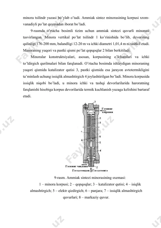 ator qatlami orasidan o’tib ta’sirlashgan gaz issiqlik almashtirgich quvurlariga keladi. reaktsiya issiqligidan samarali foydalanish uchun zamonaviy minoralarda issiqlik almashtirgich ikki qismga ajratilgan. katalizator qutisidan chiqadigan gaz issiqlik almashtirgichning yuqori qismiga o’tadi va undan 400os haroratda qozon yuttirgichga beriladi, u yerda 200os haroratgacha soviydi va yana sintez minorasiga yuboriladi, issiqlik almashtirgichning quyi qismidan o’tadi va minoradan 90-100os haroratda chiqadi. hozirgi paytda sutkasiga 150 dan 1500 t gacha unumdorlikka ega bo’lgan ammiak sinezi minoralari ishlatilmoqda. gazlarning tozalik darajasiga muvofiq holda katalizatorning xizmat qilish muddati ikki yilgacha bo’lishi mumkin. ishlab chiqarish agregatlarining sxemasi. qo’llaniladigan bosimga muvofiq holda ammiak sintezi ishlab chiqarish qurilmalari quyi bosimli (100-200 atm), o’rtacha bosimli (200-600 atm) va yuqori bosimli (600-1000 atm) tizimlarga bo’linadi. ulardan o’rtacha bosim ostida ishlaydigan tizim keng tarqalgandir, chunki bu sharoitda kontakt jihozida jarayon tezligi yetarlicha ta’minlangani holda ammiak ajratib olish masalasi nisbatan oson hal etiladi. sintez minorasida azot-vodorod aralashmasi to’la ammiakka aylanmaydi (5-rasm). kontakt jihozidan …