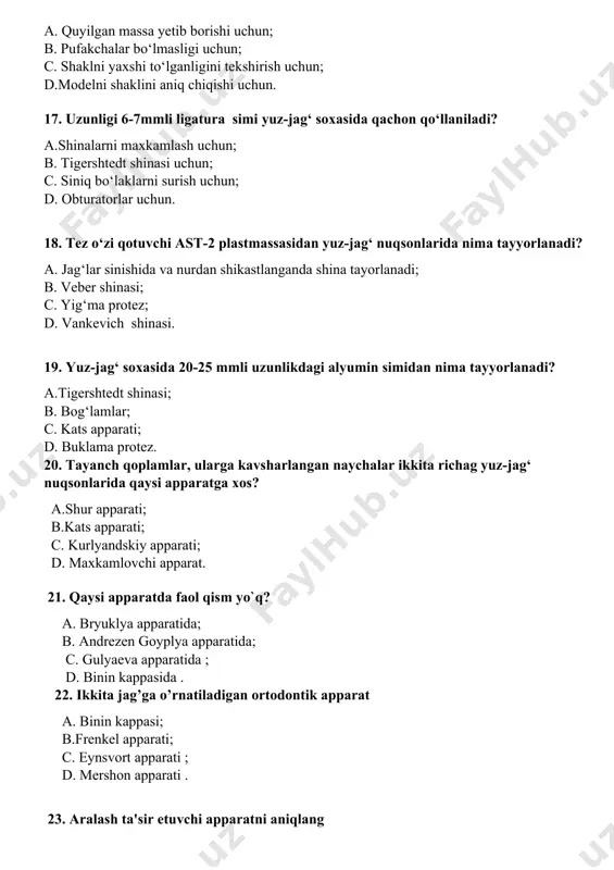 ezen goyplya apparatida; с. gulyaeva apparatida ; d. binin kappasida . 22. ikkita jag’ga o’rnatiladigan ortodontik apparat a. binin kappasi; b.frenkel apparati; с. eynsvort apparati ; d. mershon apparati . 23. aralash ta'sir etuvchi apparatni aniqlang a. engl apparati; b.gulyaeva apparati; s. binin kappasi; d. mershon apparati. 24. frenkel apparatining tanglay yoyi vazifasi a. yuqori jag'ni kengaytiradi ; b. apparatni jag'da maxkamlaydi ; с.apparatning qalqonlarni gorizontal yolnalishda maxkamlaydi ; d. qalqonlarni xarakatga keltiradi. 25. karies kasalligini oldini olishda qaysi tadbir muhim? a. birlamchi b. ikkilamchi c. uchlamchi d. qo’shimcha profilaktika 26. quyidagi bayon qilingan tadbirlardan qaysi biri birlamchi profilaktika elementi hisoblanadi? a. karies kovagini aniqlash b. karies asoratini bartaraf qilish c. og’iz bo’shlig’ini sog’lomlashtirish (sanatsiya) d. yumshoq tish qarashlarini tozalab tashlash 27. profilaktika uchun ishlatiladigan ‘’ftorlak’’ nima maqsadida qo’llaniladi? a. emalni tashqi ta’surotlardan ximoya qilish maqsadida b. emalni ftor elementi bilan boyitish maqsadida c. tish pellikulasi hosil bo’lmasligi uchun d. …