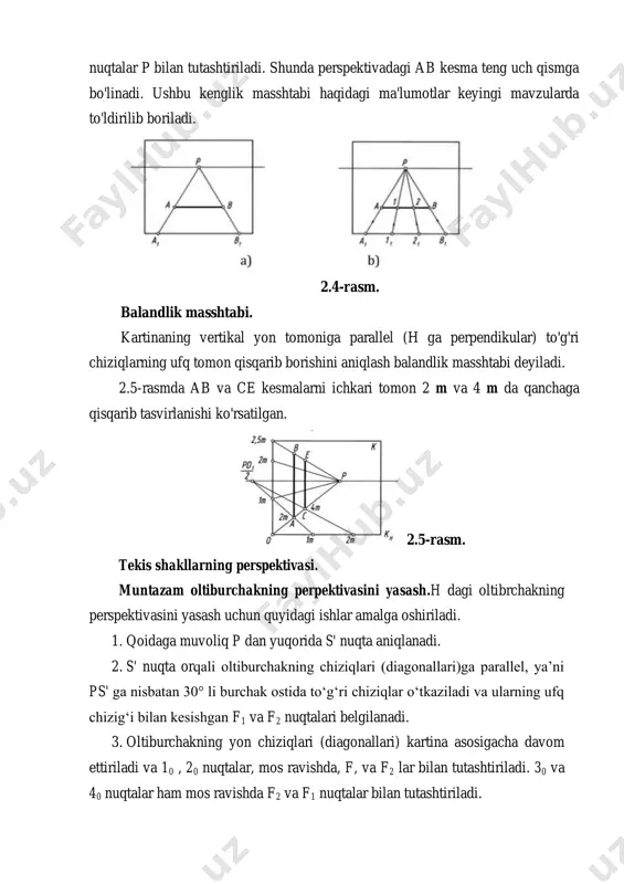 1 nuqtalar bilan tutashtiriladi. 2.6-rasm. 4. chiziqlarnhig o‘zaro kesishishidan oltiburchakning hosil bo‘lgan o markazi va boshqa nuqtalari aniqlab olinadi. 5. 3 va 4 hamda 5 va 6 nuqtalar o‘zaro tutashtirilsa, oltiburchakning perspektivasi yasaladi (2.6-rasm). vertikal tekislikda oltiburchakning perspektivasini yasash uchun p dan vertikal chiziq chizib, unda f1 va f2 nuqtalar belgilab olinadi. o nuqtadan vertikal chiziq chizib, unda o1=o2 kesma olinadi hamda ular f1 va f2 nuqtalar bilan tutashtiriladi. hosil qilingan nuqtalar tutashtirilib, oltiburchakning perspektiv tasviri hosil qilinadi (2.7-rasm, a). 2.7-rasm, b da oltiburchakning perspektivasini p va d2 yordamida yasash ko‘rsatilgan. 2.7-rasm aylananing perpektivasi. aylanaga ko‘rish nuqtasi s orqali qaralganda ko‘rish nurlari konus yasovchilari, s konus uchi va aylana konus asosi deb faraz qilinadi. shunda konus yasovchilarining kartina bilan kesishishidan egri chiziq hosil bo‘ladi. aylana perspektivasini yasashning eng qulay usuli uni sakkizta nuqtasi orqali bajarish hisoblanadi. shuning uchun avval aylana tashqarisiga kvadrat chizib olinadi va uning diagonali o‘tkaziladi. shunda aylana …