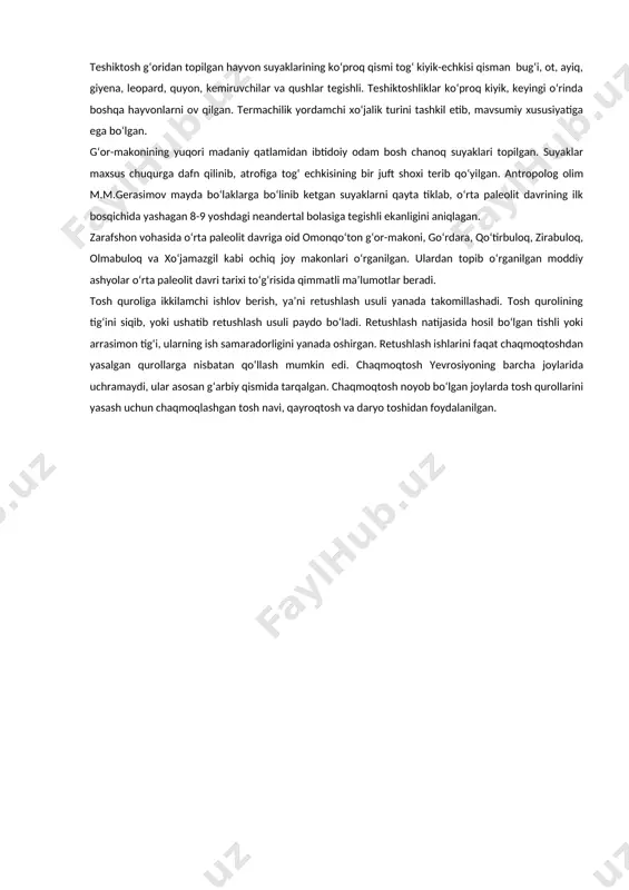 oid. lohutiy i makonidan topilgan tosh qurollari qoratov i qurollariga nisbatan ancha takomillashgan va yasalish usuliga ko‘ra levallua alomatini saqlanib qolgan. ular qayroqtoshdan yasalgan chopper, girdishsimon, bir zarb maydonchali va bir tomonli nukleuslar hamda tishli, o‘yiq shaklida yasalgan tosh qurollaridan iborat. makonning soz tuproqli qadimgi qatlami termolyuminessent usulida tekshirish natijasi ko‘ra mil. avv. 130-120 ming yilliklar bilan sanalangan. turkmanistonning g‘arbiy qismida ham ashel davriga oid bir nechta makonlar aniqlangan. bu yerda ashel davrining so‘nggi bosqichi oid yangaja i, qasqirbuloq va junurpa makonlari mavjud. ulardan ashel davri alomatlariga ega kam sonli tosh qurollar topilgan. o‘rta osiyoning cho‘l qismining ilk paleolit davridagi boy tabiati eng qadimgi odamlarni jalb qilishi tabiiy edi. qizilqum va qoraqumning ashel davridagi iliq iqlimli tabiiy sharoitida ibtidoiy odamlarning yashashi uchun har tomonlama qulay bo‘lgan. faqat ularning kam sonli qismigina saqlanib qolgan. bu hududlardai qizilnura i, ko‘kayoz i, qizilbo‘ron, olamko‘l, begarslandag, qoraquduq, shaxpaxti, yesen 3 va boshqalar eng qadimgi …