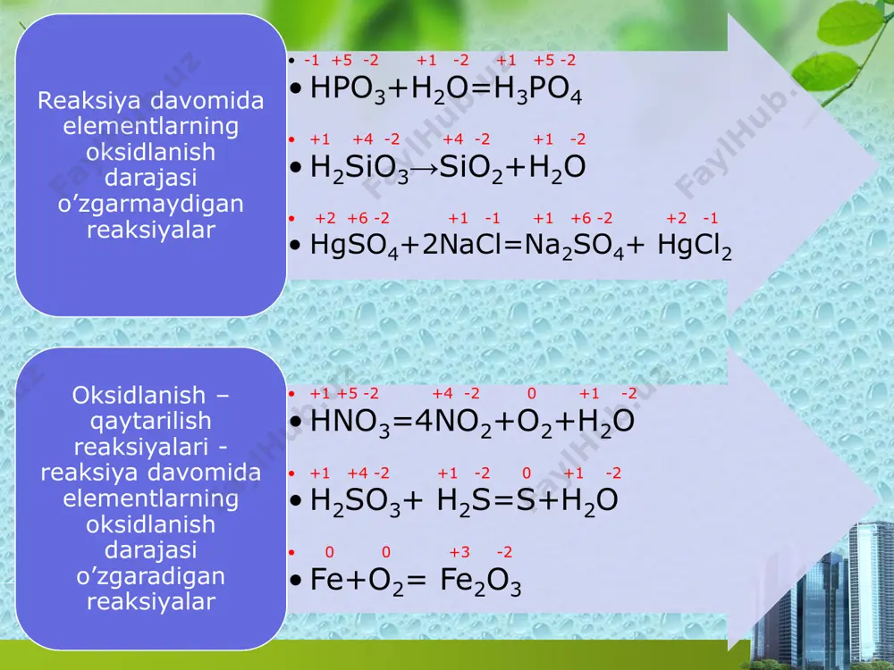 . oksidlanish darajasi ortadi 3. oksidlanadi oksidlanish qaytarilish +2 -2 0 = 3co + 2fe+ -6e 0 +2 c ─ 2e → c oksidlanish +3 0 fe +3e → fe qaytarilish 0 +3 +2 0 3c + 2fe → 3c + 2fe el oksidlanish – qaytarilish reaksiyalariga eritma muhitining ta’siri h+ • nano2 + kmno4 + h2so4 → nano3 + mnso4 + k2so4 + h2o oh- • nano2 + kmno4 + koh → nano3 + k2mno4 + h2o h2o • nano2 + kmno4 + h2o → nano3 + mno2 + koh nano2 + kmno4 + h2so4 → nano3 + mnso4 + k2so4 + h2o ushbu reaksiyani elektron-balans va ion-balans usulda tenglang oksidlanish – qaytarilish reaksiyalari tenglamalarini tuzish. elektron - balans usuli + oksidlanish – qaytarilish reaksiyalari asosan to’rt turga bo’linadi: atomlar aro yoki moleku lalararo ichki mole kulyar dispro porsiya lanish sinpro porsiya lanish oksidlovchi va qaytaruvchi atomlar alohida atomlar …