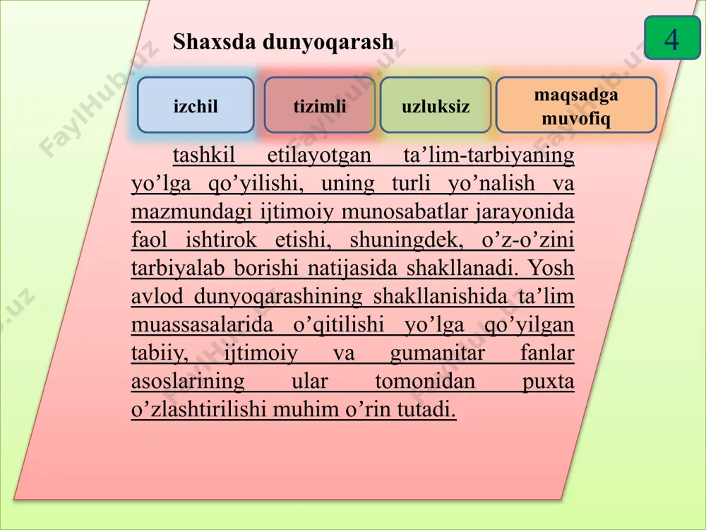 ikricha, inson tanasi, miyasi, sezgi organlari u tugʼilganda mavjud boʼlgan boʼlsa, aqliy bilimi, maʼnaviyati, ruhiyati, intellektual va axloqiy sifatlari, xarakteri, dini, urf-odatlari, maʼlumoti tashqi olam, ijtimoiy muhit taʼsirida, odamlar bilan tashkil etayotgan munosabatlari jarayonida shakllanadi. аbu rayhon beruniy quyidagilarni ilgari suradi: «inson narsa va hodisalarning faqat tashqi sifati hamda xususiyatlari haqida bilim olmay, balki tafakkuri, aqli tufayli narsa va hodisalarni taqqoslaydi, bir-biri-bilan solishtirib koʼradi, oʼz bilimlarining chinligini aniqlaydi»2. mutafakkir, shuningdek, odamlar tomonidan bilimlarni oʼzlashtirilib borishi yangi bilimlarning yaratilishiga olib kelishini aytadi: «ilmlar koʼpdir. ular zamoni iqbolli boʼlib, turli fikr va xotiralar ularga qoʼshilib borsa, koʼpayadi. odamlarning ilmlarga ragʼbat qilishi, ilmlarni va ilm ahllarini hurmatlashi oʼsha iqbolning belgisidir. (аyniqsa) hukmron kishilarning ilm ahlini hurmat qilishi turli ilmlarning koʼpayishiga sabab boʼladi» аbu аli ibn sino oʼz asarlarida bilim tushunchasiga sharh berish bilan birga bilimning chuqur oʼzlashtirilishi donishmandlik ekanligini alohida qayd etadi: «ilm narsalarning inson aqli yordami bilan oʼrganilishidir. bilim deb esa, narsalarni …