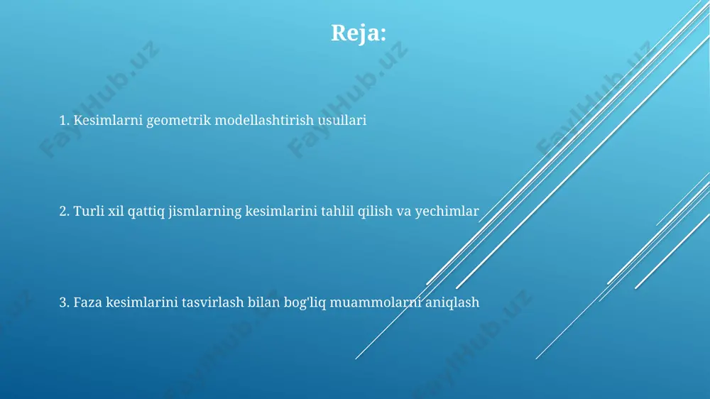 arni bajarish, 3 o'lchovli jismlar kesmalarini aniqlash va natijalarni grafik ko'rinishda (masalan, 2d diagrammalar shaklida) berlin universiteti tadqiqotchilari tomonidan 2023 yilda o'tkazilgan tajribada tasvirlanganidek ko'rsatish mumkin. kompyuter dasturlari, masalan, autocad yoki solidworks kabi 3d modellashtirish dasturlari, murakkab geometrik jismlarning 2d kesmalarini aniq va tezkor tarzda yaratish imkonini beradi, bu esa 100 dan ortiq turdagi kesma turlarining tahlilini soddalashtiradi. geogebra kabi bepul dasturlar, xususan, matematik muammolarni, jumladan, har xil geometrik jismlar kesmalarini, toshkentdagi maktab o'quvchilarining 50% ga yaqin qismi foydalanadigan interaktiv vosita sifatida qo'llanishi mumkin. faza kesmalarini tasvirlashda duch kelinadigan muammolar matematik modellashtirishda, 5 ta teng tomonli prizmaning gorizontal va vertikal kesmalarini hisoblashda, dasturiy ta'minotni tanlashda va natijalarni vizualizatsiya qilishda aniqlikni ta'minlash muhim ahamiyatga ega. fazalar kesmalarini tasvirlashda, ayniqsa 3 o'lchovli murakkab geometrik jismlar, masalan, 15 graduslik burchak ostida joylashgan ko'p qirrali prizmalarni kesishda, topografik xaritalar tuzishda katta qiyinchiliklar yuzaga keladi. toshkentdagi qurilish loyihalarida, beton armaturalarining 20 mm va 30 mm …
