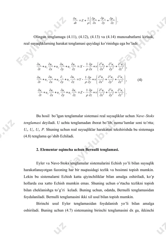 mas ekan. d. bernullining o’zi yuqoridagi tenglamani energiyaning o’zgarish qonunidan keltirib chiqargan bo’lib, biz keltirgan usul esa eyler tomonidan qo’llanilgan. 3.bernulli tenglamasining geometrik, energetik va fizik mazmunlari. bernulli tenglamasining har bir i2 va i3 o’zining geometrik va energetik mazmunlariga ega. buni aniqlash uchun biror elementar oqim olib, uch 1-1, 2-2 va 3-3 kesimlarni ko’ramiz (5.3-rasm). bu kesimlarni og’irlik markazi biror 0-0 tekislikdan i1, i2 va i3 masofalarda bo’lsin. bular qiyosiy tekislik 0-0 dan elementar oqimgacha geometrik balandliklarni ko’rsatadi. endi olingan 1-1, 2-2 va 3-3 tekisliklar markazida pezometr va uchi egik naychalar urnatamiz. bu holda pezometrlarda suyuqlik kesimlar og’irligi markaziga nisbatan ma‘lum balandliklarga ko’tariladi. bular bosimlarda ifodalanadi: h1, h2, h3 lar pezometrik balandliklar deb ataladi. uchi egilgan shisha naychalardagi balandlik pezometrlardagi suyuqlik balandlik bilan uchi egilgan shisha naychalardagi balandlik farqi larga teng bo’ladi va tezlik balandligi deyiladi. shunday qilib geometrik nuqtai nazardan bernulli tenglamasining hadlari quyidagicha ataladi: , , - suyuqlikning …