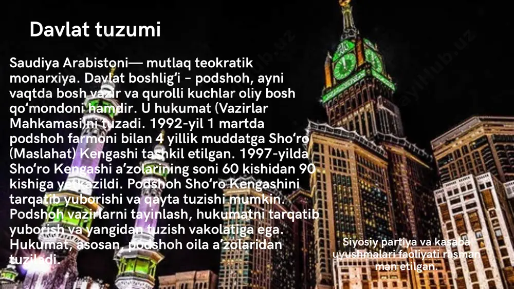 miqdori deyarli hamma joyda 100 mm dan kam (yogʻin markaziy hududlarda bahorda, shimoliy hududlarda qishda, janubda yezda nisbatan koʻproq boʻladi), togʻlarda yiliga 400 mm ga yetadi. rubʼulxoli qumli choʻl va boshqa ayrim hududlarda oʻn yillab yogʻingarchilik boʻlmaydi. asir viloyatidagi togʻlarda yogʻin yiliga 25,5 mm ni tashkil etadi. jan.ning issiq samum shamoli bahor va yozning boshlarida qum boʻronlariga sabab boʻladi. saudiya arabistoni hududida qadimdan (mil. av. 2 ming yillik) koʻchmanchi arab qabilalari yashab kelgan. mil. 7-asrda arabiston yarim orolning gʻarbiy qismi (hijoz)da islom paydo boʻlib, poytaxti madina shahri boʻlgan ilk musulmon teokratik davlati – arab xalifaligi yuzaga keldi. 7—8-asrlarda saudiya arabistoni hududining koʻp qismi ummaviylar, 8-asrning 2-yarmi – 9-asrlarda abbosiylar xalifaligiga qaragan. 10—12-astlarda arabiston yarim orolning bir qismida mustaqil amirlik, sultonliklar paydo boʻlgan. xijoz fotimiylar, soʻngra ayyubiylar, 13-asrning oʻrtalari va 16-asrning boshlarida mamluklarga qaram boʻlgan. hijozning iqtisodiy va diniy-siyosiy jihatdan mavqei yuqoriligi tufayli xalifalar bu yerda oʻz hukmronliklarini saqlab qolishga urinishgan. …