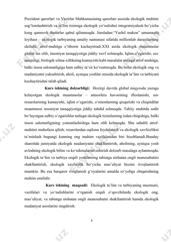 kurs ishining vazifalari: - ekologiya fanining mazmuni, maqsadi va asosiy tushunchalarini tahlil qilish; - ekologik muammolarning dolzarbligini va ularning ijtimoiy-iqtisodiy hayotga ta’sirini aniqlash; - o‘zbekiston respublikasida ekologik ta’lim va tarbiya bo‘yicha olib borilayotgan davlat siyosati, qonunlar va dasturlarni o‘rganish; - ekologik ta’lim va tarbiyaning pedagogik ahamiyati, mazmuni va asosiy yo‘nalishlarini yoritish; - maktabgacha, umumiy o‘rta va oliy ta’lim muassasalarida ekologik tarbiyani amalga oshirish shakllari va uslublarini tahlil qilish. kurs ishining tuzilishi va hajmi: kurs ishiga kirish, 2 bob, 4 paragraf, umumiy xulosa, foydalanilgan adabiyotlar ro‘yxatidan iborat. i.bob ekologik ta’lim-tarbiyaning nazariy-metodologik asoslari 1.1 maktabgacha yoshdagi bolalarda ekologik madaniyat shakllantirishning ahamiyati. respublikamizda ta'lim tizimini isloh qilish va rivojlantirish zaminida “ta'lim to'g'risida” gi qonun va “kadrlar tayyorlash milliy dasturi” mazmun mohiyatan asosi sifatida e`tirof etiladi. yuqori malakali yuksak ma'naviyatni o'zida mujassam etgan raqobatbardosh mutaxassislar tayorlash va tarbiyalash har-bir davlatning asosiy vazifalaridan biridir. respublika hududlaridagi ekologik muammolar yechimiga ta’lim tizimini joriy qilish bilan hissa …