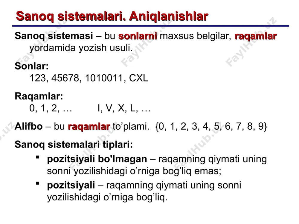 * pozitrsiyalangan sistemalar masala: qanday sanoq sistemasida 58 soni «46x» kabi yoziladi? x sanoq sistemasining asosini aniqlang. 58 = 46x yozuvda 6 raqami bor, shu sababli: x > 6; tenglamaning o‘ng tomonini o’nli sistemaga o’tkazamiz: tenglamani yechamiz: 1 0 58 = 46x = 4·x1 + 6·x0 = 4·x + 6 58 = 4·x + 6 x = 13 masala: tenglik bajariladigan sanoq sistemasi asosini aniqlang. 16x + 33x = 52x yozuvda 6 raqami bor, shu sababli: x > 6; tenglamaning o‘ng tomonini o’nli sistemaga o’tkazamiz: tenglamani yechamiz: x = 7 4·x + 9 = 5·x + 2 33x = 3·x + 3  1 0 16x = x + 6 1 0 52x = 5·x + 2 * pozitrsiyalangan sistemalar masala: quyidagi tengsizlik bajariladigan barcha sanoq sistemalarini aniqlang: 21x + 32x > 102x yozuvda eng katta raqam 3, shu sababli x > 3 o'nli sistemaga o’tkazamiz tengsizlikni yechamiz: (tanlanma x …