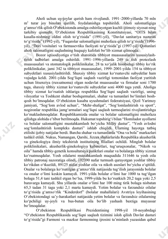 ijtimoiy himoya qilishni kuchaytirishga oid tadbirlar to‘g‘ri-sida”gifarmoni e’lon qilindi. farmonga ko‘ra, 1994-yil oktabrdan aholini ijtimoiy himoyalash siyosatining asosiy yo‘nalishlariga tuzatishlar kiritildi. negaki, ilgari faqat respublika byudjeti yo‘li bilangina 30 ta turli soha va yo‘nalishlar bo‘yicha ijtimoiy himoya amalga oshirilardi, bu mablag‘larning sochilib ketishiga olib keldi. 1992–1994-yillarda ko‘rilgan chora-tadbirlar yalpi ijtimoiy himoyalashga yo‘naltirilgan bo‘lib, yordamga muhtoj bo‘lgan fuqarolarni qo‘llab-quvvatlashda to‘la samara bermayotgan edi. 1994-yilda ijtimoiy himoyaning asossiz tenglashtirish tizimidan aniq maqsadli va aholining aniq tabaqalarini qamrab oladigan tizimga o‘tildi. mahalla orqali bolalar, keksalar va kam daromadli oilalarga moddiy yordam beriladigan bo‘ldi. kam ta’minlangan oilalarga moddiy yordam, bola boquvchi oilalarga bolasi 2 yoshga to‘lgunga qadar, shuningdek, 16 yoshgacha bolalari bo‘lgan oilalarga yagona nafaqalar berish joriy etildi. mahallalarda respublika va mahalliy byudjet mablag‘lari, shuningdek, korxona va tashkilotlarning, tadbirkorlik tizimlari va ayrim fuqarolarning ixtiyoriy ravishda o‘tkazgan mablag‘lari hisobidan maxsus jamg‘armalar tuzildi. 1995-yilda 500 mingga yaqin ehtiyojmand oilalarga mahalla qo‘mitalari orqali 6 mlrd so‘m nafaqa …