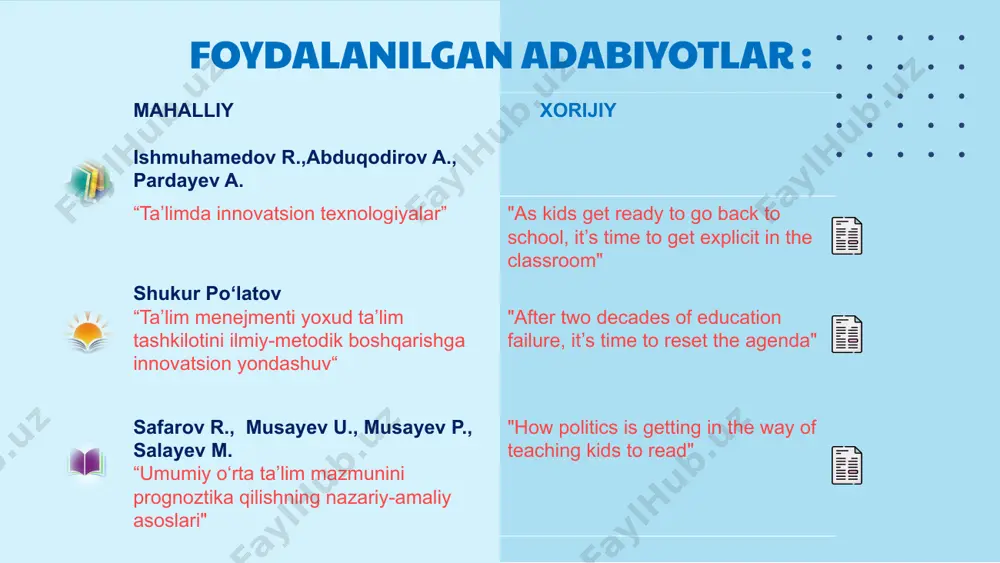 tga ega. ilg‘or pedagoglar amaliyotidagi ilg‘or texnologiya va metodikalar boshqa o‘qituvchilarga o‘rnak bo‘lib, ular orasida keng tarqaladi. 3. o‘qituvchilarning malakasini oshirishda ilg‘or tajriba asosida o‘quv seminarlar, master-klasslar va ochiq darslar tashkil qilish ularning kasbiy mahoratini oshirishga ko‘maklashadi. 4. maktab ichida ilg‘or tajribalarni ommalashtirish o‘qituvchilar o‘rtasida hamkorlikni rivojlantiradi, bu esa pedagogik jarayonning samaradorligini oshiradi va jamoada sog‘lom muhitni shakllantiradi. 5. ilg‘or tajribalarni tatbiq etish orqali ta’lim jarayonini zamonaviy o‘quvchilar ehtiyojlariga moslashtirish mumkin. bu esa ta'lim mazmunining jahon standartlariga javob berishini ta'minlaydi. 6. ilg‘or pedagogik yondashuvlarni boshqa maktablarga ham tarqatish orqali ta’lim tizimida uzluksizlik va yaxlitlikni ta’minlashga erishiladi. xulosa 1 muammo mas’ullar : maktab rahbari, metodbirlashma rahbarlari muammoning yechimini amalga oshirish mexanizmi: muddat : natija: 1. ilg‘or pedagoglarning ish tajribasini o‘rganish uchun maxsus seminar va treninglar tashkil etish. 2. tajribalarni metodik qo‘llanmalar shaklida nashr etish va tarqatish. 3. onlayn platformalar orqali tajribalarni ommalashtirish (vebinarlardan foydalanish, maqola va video darslar joylashtirish). ilg‘or pedagoglar …