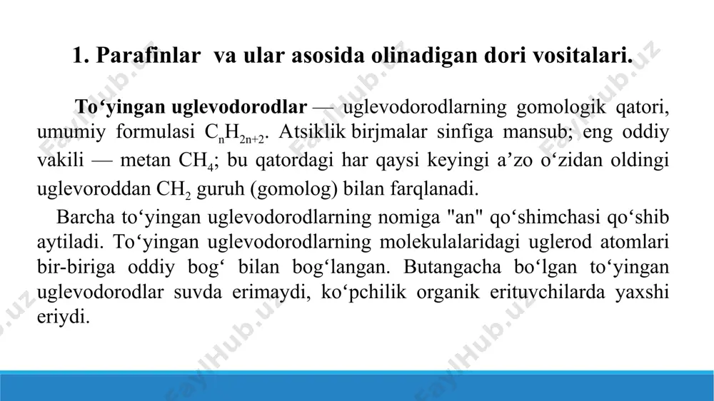 flon [-cf2 –cf2-] tetraftoretilenning polimerlanishi mahsulotidir. politetraftoretilen inert organik modda. sovuqqa va issiqqa chidamli modda. polimerlardan qovurlar, idishlar, buyumlar tayyorlanadi. alkenlardan sintetik kauchuk divinil olinadi. organik erituvchilar 1.2- dixloretan olinadi. 3. manbalar. 1. https://uz.wikipedia.org/wiki/parafin_bilan_davolash 2.https://www.google.com/url?sa=i&url=http%3a%2f%2fwww.myshared.ru%2fslide%2f1371859%2f&psig=aovvaw1pcgzop3ropxuuawfo7ltv&ust=1709653472711000&source=images&cd=vfe&opi=89978449&ved=0cbqqjhxqfwotcoc7soyt24qdfqaaaaadaaaaabad 3.https://www.google.com/url?sa=i&url=https%3a%2f%2fm.youtube.com%2fwatch%3fv%3dukaa9nwperq&psig=aovvaw1voecnr9romzvtnbb0hw6t&ust=1709653620754000&source=images&cd=vfe&opi=89978449&ved=0cbqqjhxqfwotcidmhlgu24qdfqaaaaadaaaaabad 4.https://www.google.com/url?sa=i&url=https%3a%2f%2fm.olx.uz%2fd%2foz%2fobyavlenie%2fparafin-ozekrit-1kg-35000-elektrofarez-dorsenval-xam-bor-id2nfwo.html&psig=aovvaw1voecnr9romzvtnbb0hw6t&ust=1709653620754000&source=images&cd=vfe&opi=89978449&ved=0cbqqjhxqfwotcidmhlgu24qdfqaaaaadaaaaabax 5.https://www.google.com/url?sa=i&url=https%3a%2f%2fvibo.uz%2fproduct%2fdikloroetan%2f&psig=aovvaw2cz711xfv1jlipltmsavog&ust=1709654071063000&source=images&cd=vfe&opi=89978449&ved=0cbqqjhxqfwotcnco8ogw24qdfqaaaaadaaaaabax e’tiboringiz uchun rahmat diploma