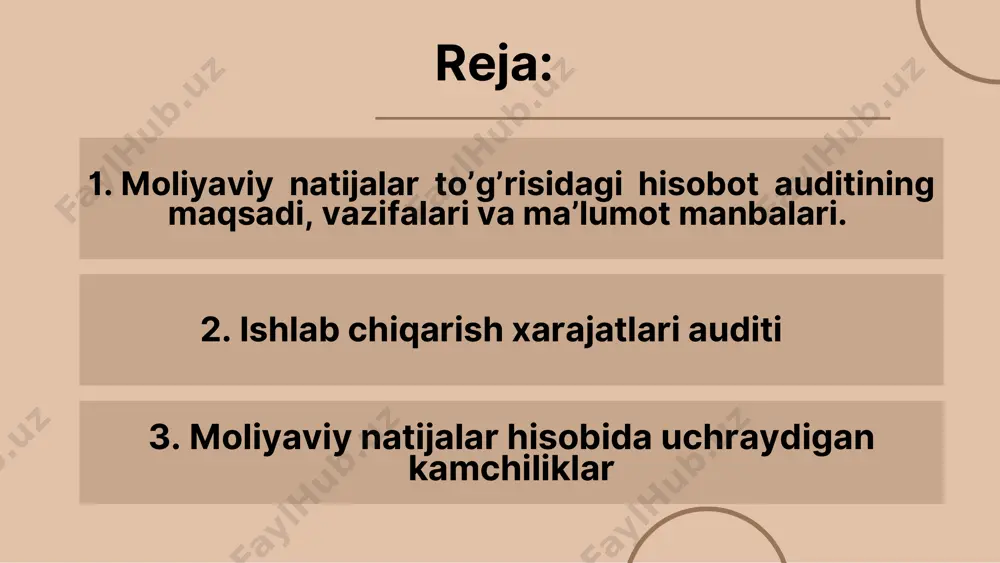 -uskuna, dastgohlar, transport va aloqa vositalari, xomashyo, yoqilgʻi, har xil materiallarni, mehnat bozoridan ish kuchini sotib olishdan boshlaydi. shunga muvofiq holda ishlab chiqarish xarajatlari tarkibiga xom-ashyo, asosiy va yordamchi materiallar, yonilg'i va energiya xarajatlari, ish haqi va ijtimoiy sugʻurtaga ajratmalar, foiz toʻlovlari va boshqa xarajatlar kiradi. ishlab chiqarish xarajatlariga qilingan barcha xarajatlarning puldagi ifodasi mahsulot tannarxini tashkil qiladi. tekshiruv jarayonida auditor quyidagi masalalarni hal etadi: • ishlab chiqarish xarajatlari tasnifini nizom talablariga mosligini aniqlash; • egri xarajatlarni taksimlanish usullarni maksadga muvofiqligini tasdiqlash; • tayyor mahsulotni baholash bo’yicha usul asosli tanlab olinganligi va to’g’ri qo’llanilayotganini tasdiqlash; • tayyor mahsulot to’liq kirim qilinayotganligini aniqlash; • o’natilgan va sotilgan mahsulotlar hajmlarini tasdiqlash; • o’natilgan va sotilgan mahsulotlar tannarxini tasdiqlash. 3. moliyaviy natijalar hisobida uchraydigan kamchiliklar • daromad va xarajatlar noto’g’ri tasniflangan • daromad deb tan olingan operatsiyalar bo’yicha • xarajatlarni haqiqatda amalga oshirilganligini tasdiqlovchi • moliyaviy hisobotda boshqa korxonada ishtirok etishdan • asosiy …