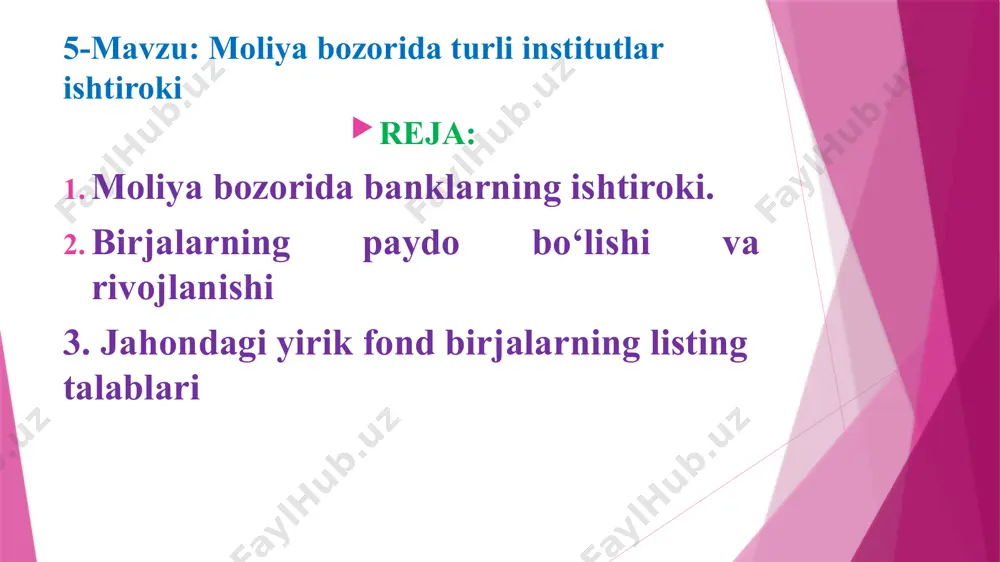 qdori markaziy bank tomonidan belgilanadi. hozirgi kunda yangidan tashkil etilayotgan tijorat banklari ustav kapitalining eng kam miqdori 500,0 milliard soʻm qilib belgilandi. tijorat banklari tomonidan ustav kapitalini shakllantirishda oddiy va imtiyozli aksiyalar muomalaga chiqarilishi mumkin. oʻzbekiston respublikasi markaziy bankining oldindan roziligini olish tartibi oʻzbekiston respublikasi vazirlar mahkamasi tomonidan belgilanadi. investorlarning pul mablag‘larini jalb etish va ularni investitsiya aktivlariga qo‘yish maqsadida aksiyalar chiqarishni amalga oshiruvchi yuridik shaxs — aksiyadorlik jamiyati investitsiya fondidir. investitsiya fondi quyidagi turda bo‘lishi mumkin: o‘zi chiqargan aksiyalarni qaytarib sotib olish majburiyatiga ega bo‘lgan investitsiya fondi; o‘zi chiqargan aksiyalarni qaytarib sotib olish majburiyatiga ega bo‘lmagan investitsiya fondi. dastlabki birjalar 15—16-asrlarda italiya, gollandiya, angliyada paydo boʻlib, 19-asrning 2-yarmida juda rivojlandi. rasmiy ma'lumotlarga ko'ra, dunyodagi birinchi aksiyadorlik jamiyati va birinchi fond birjasi 1602-yilda niderlandiyada paydo bo'lgan. gollandiyaning ost-indiya kompaniyasi birinchi boʻlib aksiyalarni sotish va investorlar uchun foydani bashorat qilish orqali pul jalb qilishni boshladi. london fond birjasi rasman faqat 1801-yilda, …