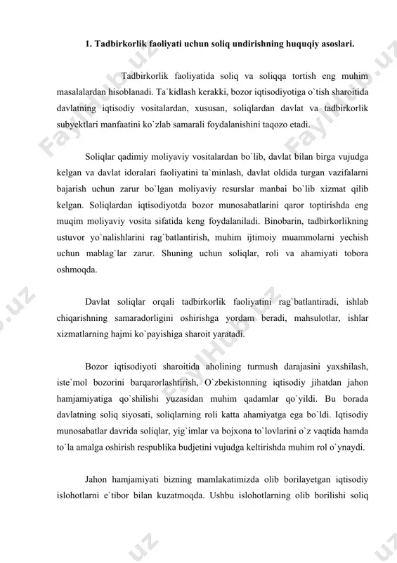 `lovlarini o`z vaqtida hamda to`la amalga oshirish respublika budjetini vujudga keltirishda muhim rol o`ynaydi. jahon hamjamiyati bizning mamlakatimizda olib borilayetgan iqtisodiy islohotlarni e`tibor bilan kuzatmoqda. ushbu islohotlarning olib borilishi soliq siyosatini olib borilishiga, davlat soliq xizmati organlarini tashkillantirilishi va faoliyat ko`rsatishiga ham chambarchas bog`liqdir. o`zbekiston respublikasi prezidenti ta`kidlaganidek, «respublikada shakllanayotgan soliq tizimi o`ziga juda katta e`tibor jalb qilmoqda. barchamizga ayonki, soliqlar davlat va mahaliy budjetlarni to`ldirishda asosiy manba hisoblanadi. soliqlar xo`jalik faoliyatining barcha yo`nalishlarini o`ziga jalb qilish bilan birga, ular har bir sohaga va korxonaga alohida munosabatni ta`minlashi kerak. men o`ylaymanki, soliqlarning oshirilishi na davlatga, na jamiyatga foyda keltirmasligini biz to`liq anglab olishimiz lozim. soliqlar daromadning bir qismini qamrab olishidan tashqari, ular har tomonlama xalq xo`jaligi va aholiga kerakli bo`lgan mahsulot va tovarlarni ko`proq va yaxshiroq ishlab chiqaraman, degan tashkilotlar va fuqarolarni rag`batlantirishi lozim». kezi kelganda shuni ta`kidlash lozimki, bu sohadagi islohotlarning asosiy maqsadi, soliqlarni ixchamlashtirish, ularni osonlashtirish va rag`batlantirish …