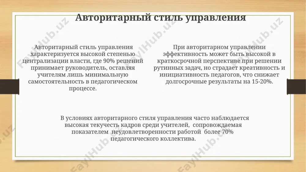 аризма), часто приводит к наилучшим результатам в образовательной среде. эффективность различных стилей управления в образовании зависит от множества факторов, включая возраст учащихся (например, 5-7 лет или 16-18 лет), предметную область и специфику учебного заведения. в образовательном менеджменте выделяют как минимум 5 основных стилей управления: авторитарный, демократический, либеральный, трансформационный и трансакционный, каждый из которых оказывает различное воздействие на учебный процесс и мотивацию учащихся. стиль управления, ориентированный на человека этот стиль управления активно использует обратную связь и методы коучинга, что способствует росту профессиональных компетенций педагогов на 15% за учебный год. применение демократичных методов, характерных для человеко-ориентированного менеджмента, способствует повышению вовлеченности учащихся на 30-40%, увеличивая показатели успеваемости. в стиле управления, ориентированного на человека, удовлетворённость учителей достигает 75%, что на 20% выше, чем при авторитарном подходе, по данным исследования эффективности 2022 года. ситуационное лидерство в образовании применение ситуационного лидерства снижает конфликтность на 20-30% и способствует большей вовлеченности учащихся в учебный процесс по сравнению с …