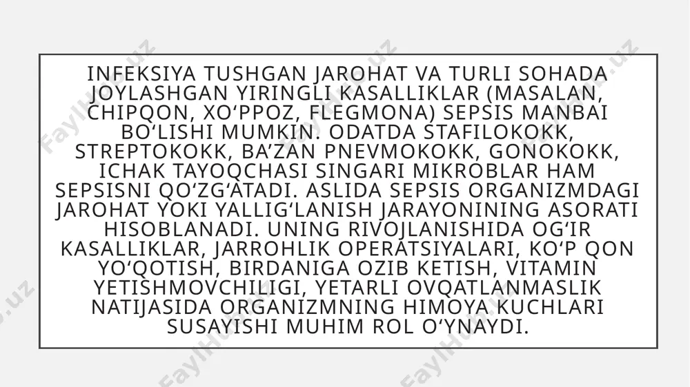 p hollarda boshqa simptomlar kuzatilmasligi ham mumkin. puls tezlashishi sepsisda organizm infeksiyadan qutilish uchun qon aylanishini tezlashtirishga urinadi. yurak qisqarishi soni tezlashadi va puls daqiqasiga 90 taga ko‘tariladi. tananing zirqirab og‘rishi ko‘p hollarda gripp yoki shamollash bilan adashtiriladigan, qon zararlanishidagi simptomlardan biri varaja va og‘riq hisoblanadi. sepsisda og‘riq butun tanada yoki tananing bir qismida kuzatilishi mumkin nafas qisishi daqiqasiga 22 ta nafas olish tezligi bilan kuzatiladigan nafas qisishi qon zararlanishiga xos simptomlardan biri. gap shundaki, sepsisning keng tarqalgan sabablardan biri, bu o‘pkalar yallig‘lanishi hisoblanadi. qonga kislorod yetishmagani sabab organizm nafas olishning tezlashishi hisobiga ehtiyojni qoplamoqchi bo‘ladi. infeksiya o‘pkada bo‘lmagan taqdirda ham kasallik hisobiga organizmning kislorodga bo‘lgan ehtiyoji oshib nafas tezlashadi. rang oqarishi qon zararlanganda organizm miya va yurakni himoya qilish hisobiga boshqa a’zolarda qon kamayadi, shuning hisobiga teri rangi oqarishi kuzatiladi. bo‘shashish va uyquchanlik aksariyat hollarda qon zararlanishiga xos ushbu simptom asosan yoshi kattalarda, ba’zida yosh bolalarda ham kuzatilishi mumkin. …