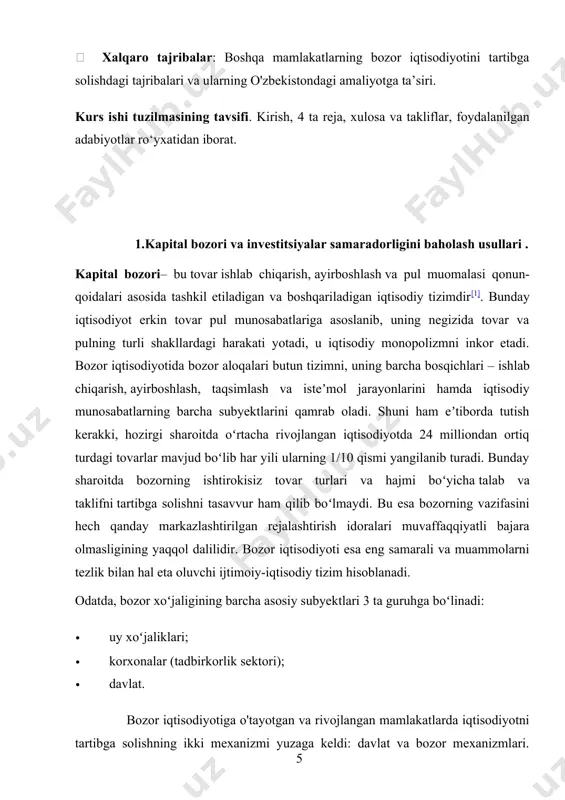 ida, ijtimoiy mehnat taqsimotida, davlatlararo aloqalarning kengayishida, iqtisodiyotning tarkibiy qismlari o'rtasidagi aloqalarni tartibga solish kabi iqtisodiy jarayonlarda bozor mexanizmining tartibga solish imkoniyatlari chegaralanganligi namoyon bo'ladi. bunga iqtisodiyotda yuzaga kelgan iqtisodiy inqiroz davri qarama qarshiliklarini misol keltirish mumkin. bozor mexanizmi bajara olmaydigan va tartibga sola olmaydigan ijtimoiy takror ishlab chiqarish jarayonining vazifalari mavjud. sanaot rivojlanishda erkin raqobat asosida ishlab chiqarish kuchlari nafaqat yakka tartibdagi xususiy mulk doirasida o'smoqda, balki jamoa (aktsionerlik)va boshqa mulkchilik shakllarining o'rni ham oshib bormoqda. biroq, davlat iqtisodiyotning yirik tarmoqlarini o'z zimmasiga olishga, ularni rivojlantirishga va tartibga solishga majbur bo'lmoqda. masalan: temir yo'l, telegraf, pochta, mudofaa va hokazo.bozor mexanizmi bajara olmaydigan ijtimoiy vazifalar ham mavjud. bundan tashqari, bozor munosabatlari asosidagi ba'zi faoliyat natijalariga davlatning aralashuvi ehtiyoji tu'giladi. bu, avvalam bor, iqtisodiyotni makro darajada tartibga solishda, aholining ma'lum qismini ijtimoiy himoya qilish va ularga yordam ko'rsatishda (ishsizlarga, tu'gma nogironlarga), pensiya ta'minotida, mudofaani ta'minlashda, ekologik muammolarni xal etishda, ijtimoiy tartibni …