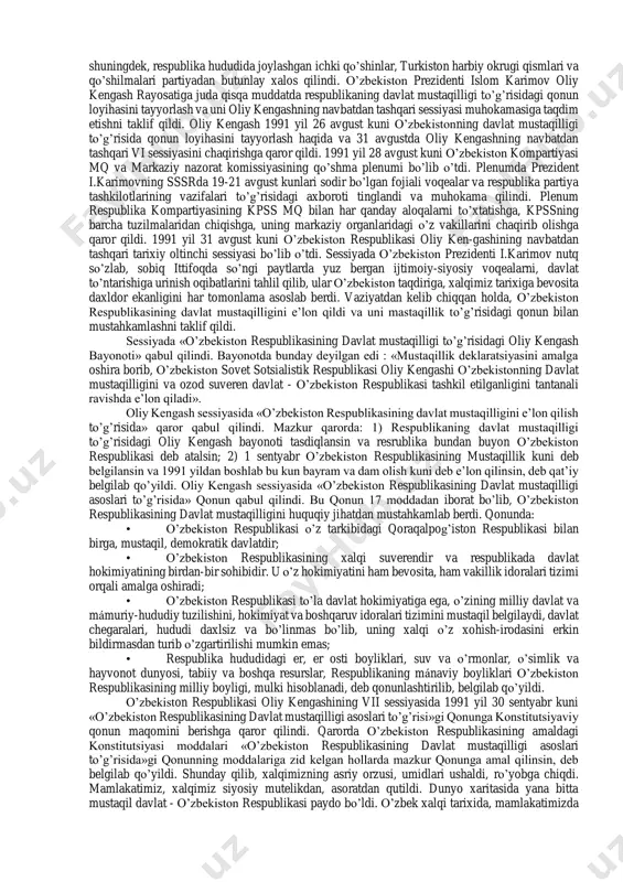 arga erkinlik berishni xohlamas edi. markazning qaysarligi hamda respublikalar jamoatchiligining tásiri ostida markazdan ajralish harakati kuchayib bordi. 1990 yil bahorida boltiqbo’yidagi latviya, litva, estoniya respublikalari, keyinroq gruziya va ozarbayjon sssr tarkibidan chiqqanligini e’lon qildilar. markazda va joylarda sssr konstitutsiyasi va qonunlari ustunmi yoki respublika konstitutsiyasi va qonunlari ustunmi, degan masalada bahs, munozaralar kuchaydi. markazdagilar «kuchli markaz-kuchli respublikalar» desa, joylardagilar «kuchli respublikalar-kuchli markaz» der edilar. markaziy hokimiyat jamoatchilikning talabi ostida ittifoq shartnomasini yangilash zarurligini e’tirof etishga majbur bo’ldi. sssr oliy soveti mazkur masala bilan shug’ullanuvchi maxsus delegatsiya tuzdi va uning tarkibini tasdiqladi. 1990 yil iyulda moskvada markaz vakillari bilan respublikalar delegatsiyalari yangi shartnoma matnini tayyorlashga kirishdi. 1990 yil avgust oyida ittifoqni yangilash dasturi ishlab chiqildi. dasturda respublikalar o’z hududlaridagi butun milliy boyliklarga egalik qilish, foydalanish huquqiga ega ekanligi tákidlangan edi. ammo shartnomaga bunday yondashuv markazdagilarga yoqmadi. sssr oliy soveti mazkur dasturni qabul qilmadi. sssr oliy soveti respublikalarning istak va manfaatlarini batamom …