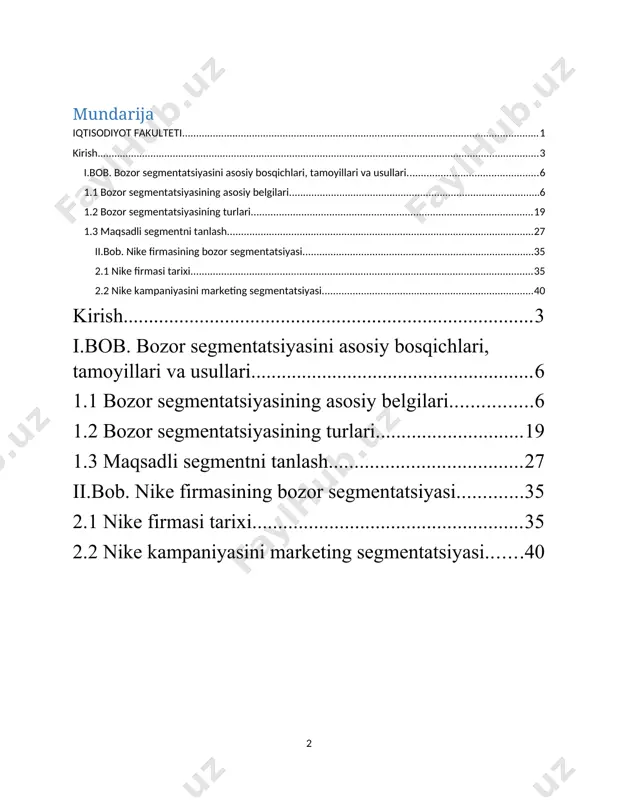 slashtirilgan takliflarni ishlab chiqish imkoniyatiga ega bo'lishadi. shu tarzda, bozor segmentatsiyasi kompaniyalar uchun nafaqat raqobatbardoshlikni ta'minlash, balki foydalanuvchilar ehtiyojlariga yanada aniq javob berish imkoniyatini yaratadi. bozor segmentatsiyasining turli usullari mavjud, jumladan demografik, geografik, psixografik va xulq-atvor segmentatsiyasi. har bir segmentatsiya turi o'ziga xos xarakteristikalar asosida bozorni guruhlashni ta'minlaydi va marketing strategiyalarini ishlab chiqishda muhim ahamiyatga ega. shuningdek, bozor segmentatsiyasi amaliyotida davlat siyosati va qonunchilik ham muhim rol o'ynaydi. o'zbekistonda iqtisodiyotni tartibga solish va bozorni yanada samarali boshqarish maqsadida qabul qilingan bir qator prezident qarorlari va qonunlar bozor segmentatsiyasining rivojlanishiga bevosita ta'sir ko'rsatmoqda. bozor segmentatsiyasi — bu marketingning eng muhim jarayonlaridan biri bo'lib, kompaniyalarga o'z mahsulotlarini yoki xizmatlarini ma'lum bir mijoz guruhlariga moslashtirish imkonini beradi. bozor segmentatsiyasini amalga oshirish orqali kompaniyalar bozorni yaxshiroq tushunish, resurslarini samarali taqsimlash va o'z mijozlariga moslashtirilgan takliflarni ishlab chiqish imkoniyatiga ega bo'lishadi. shu tarzda, bozor segmentatsiyasi kompaniyalar uchun nafaqat raqobatbardoshlikni ta'minlash, balki foydalanuvchilar ehtiyojlariga yanada aniq …