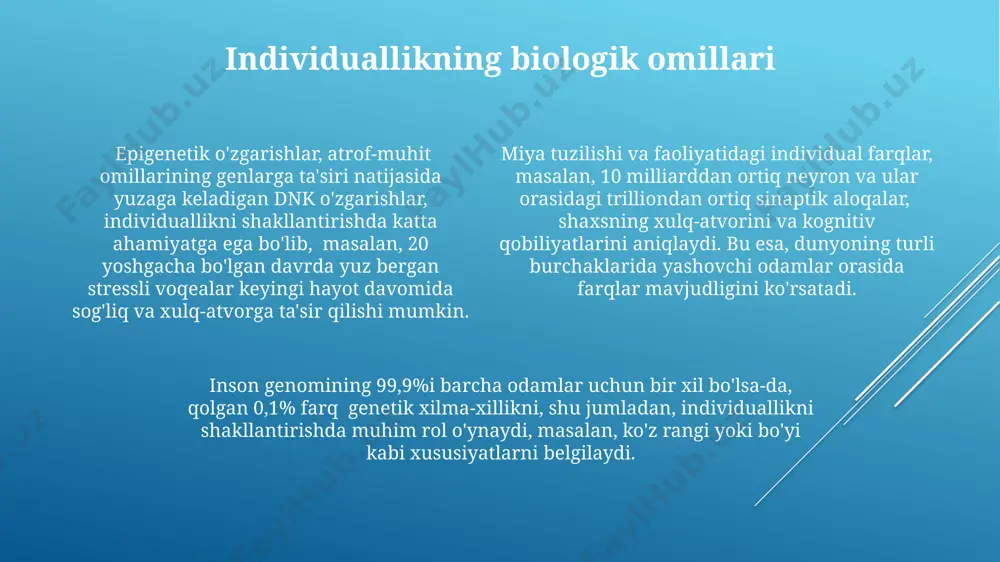 illiarddan ortiq global aholisi orasida noyobligi, shaxsiy javobgarlikni shakllantirishda muhim rol o'ynaydi. mas'uliyatning individuallikka ta'siri 2023-yilgi jahon iqtisodiy forumining hisobotiga ko'ra, innovatsiyalarni rivojlantirishda, ayniqsa, yevropa davlatlarida sezilarli darajada yuqori bo'lib, bu shaxslarning o'z harakatlari uchun javobgarlik darajasiga bog'liq. o'ziga xoslikning namoyon bo'lishi oʻziga xoslikning namoyon boʻlishida 20-30 yosh oraligʻidagi toshkent yoshlari orasida individualizmning yuqori koʻrsatkichlari kuzatilgan, bu ijtimoiy tarmoqlar va global madaniyat taʼsiriga bogʻliq. 1990-yillardan keyin oʻzbekistonda individualizmning oʻsishi kuzatildi, 3 ta asosiy omil: iqtisodiy erkinlik, axborot texnologiyalari va globalizatsiya taʼsiri bu jarayonga sezilarli taʼsir koʻrsatdi. individuallikning ifodalanishi geografiyaga bogʻliq: qoraqalpogʻistonning 5% aholisi anʼanaviy qadriyatlarga sodiq qolgan holda oʻziga xoslikni kamroq namoyon qiladi, samarqandliklar esa aksincha. shaxsning rivojlanish bosqichlari 20-30 ёшлар оралиғида тошкент каби йирик шаҳарларда яшовчи ёшларда мустақил ҳаёт кечириш, касб танлаш ва шахсий масъулиятни ҳис этиш билан боғлиқ шахс ривожланишининг янги босқичи кузатилади. 0-7 ёшдаги болаларда шахснинг ривожланишида ўзини-ўзи англаш, мустақил ҳаракат қилиш ва атроф-муҳит билан ўзаро алоқаларнинг …